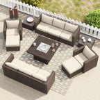 Ensemble de meubles de patio sectionnels en osier tressé Corvus Trey 13 pièces avec table à feu
