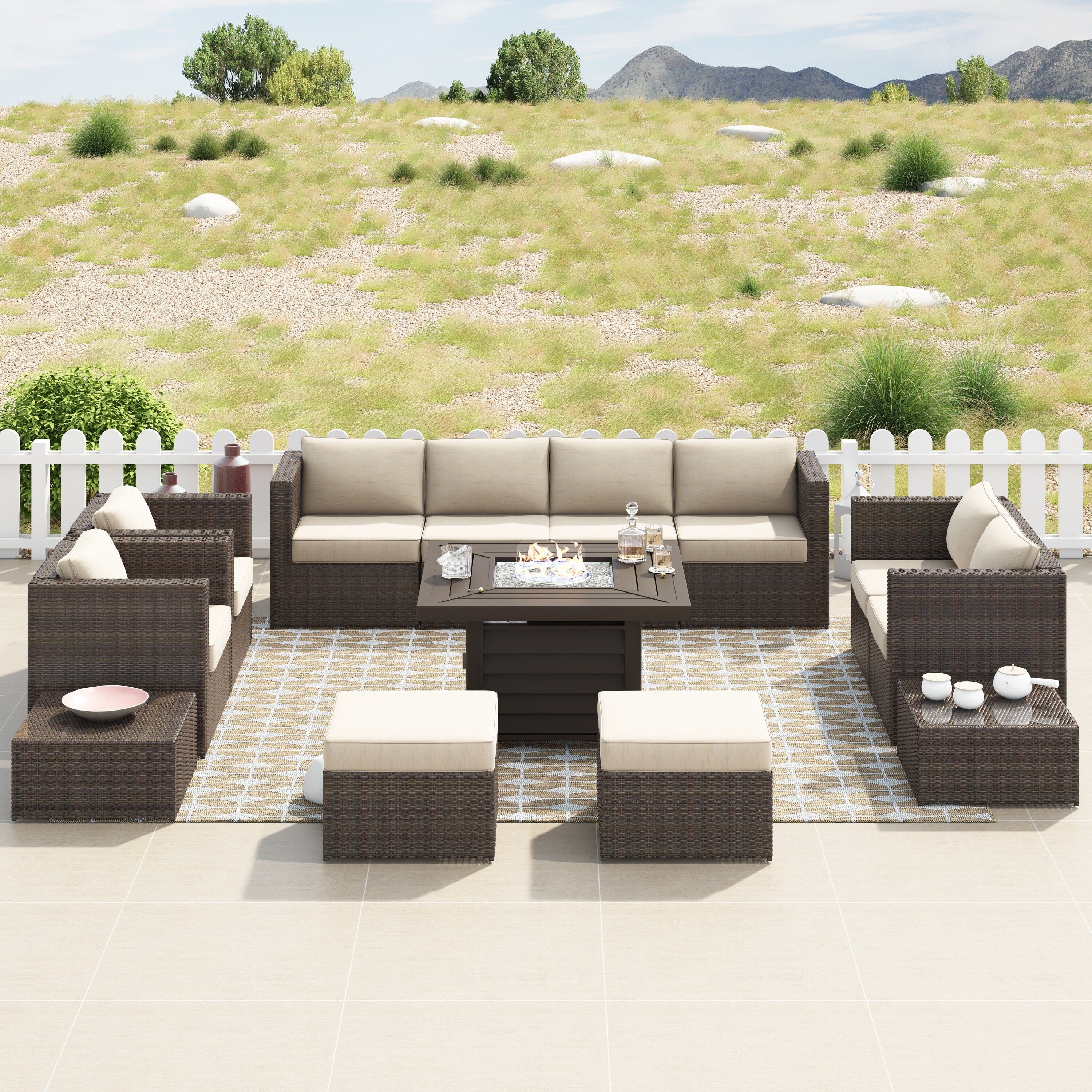 Ensemble de meubles de patio sectionnels en osier tressé Corvus Trey 13 pièces avec table à feu
