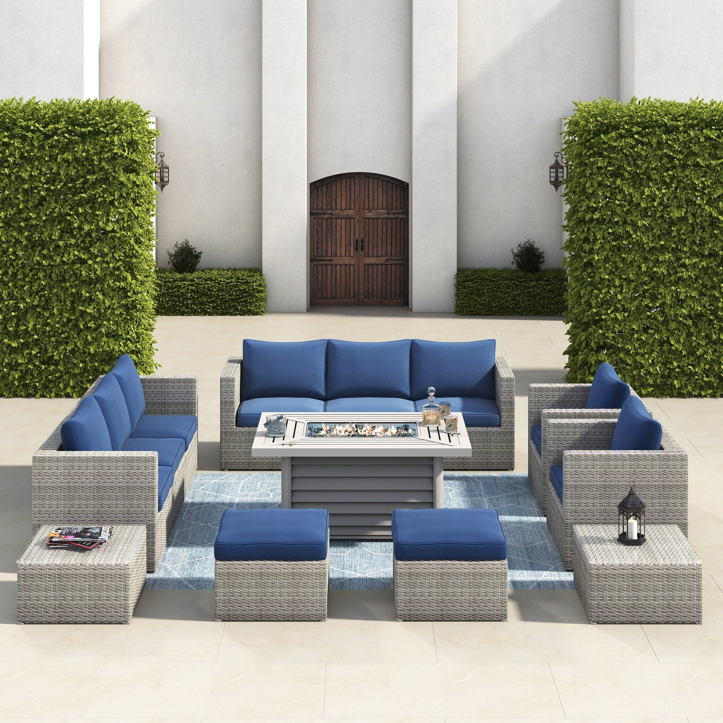Ensemble de meubles de patio sectionnels en osier tressé Corvus Trey 13 pièces avec table à feu