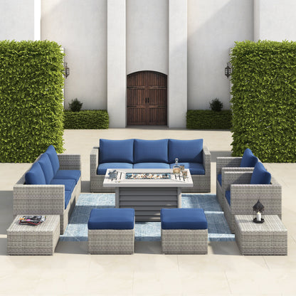 Ensemble de meubles de patio sectionnels en osier tressé Corvus Trey 13 pièces avec table à feu