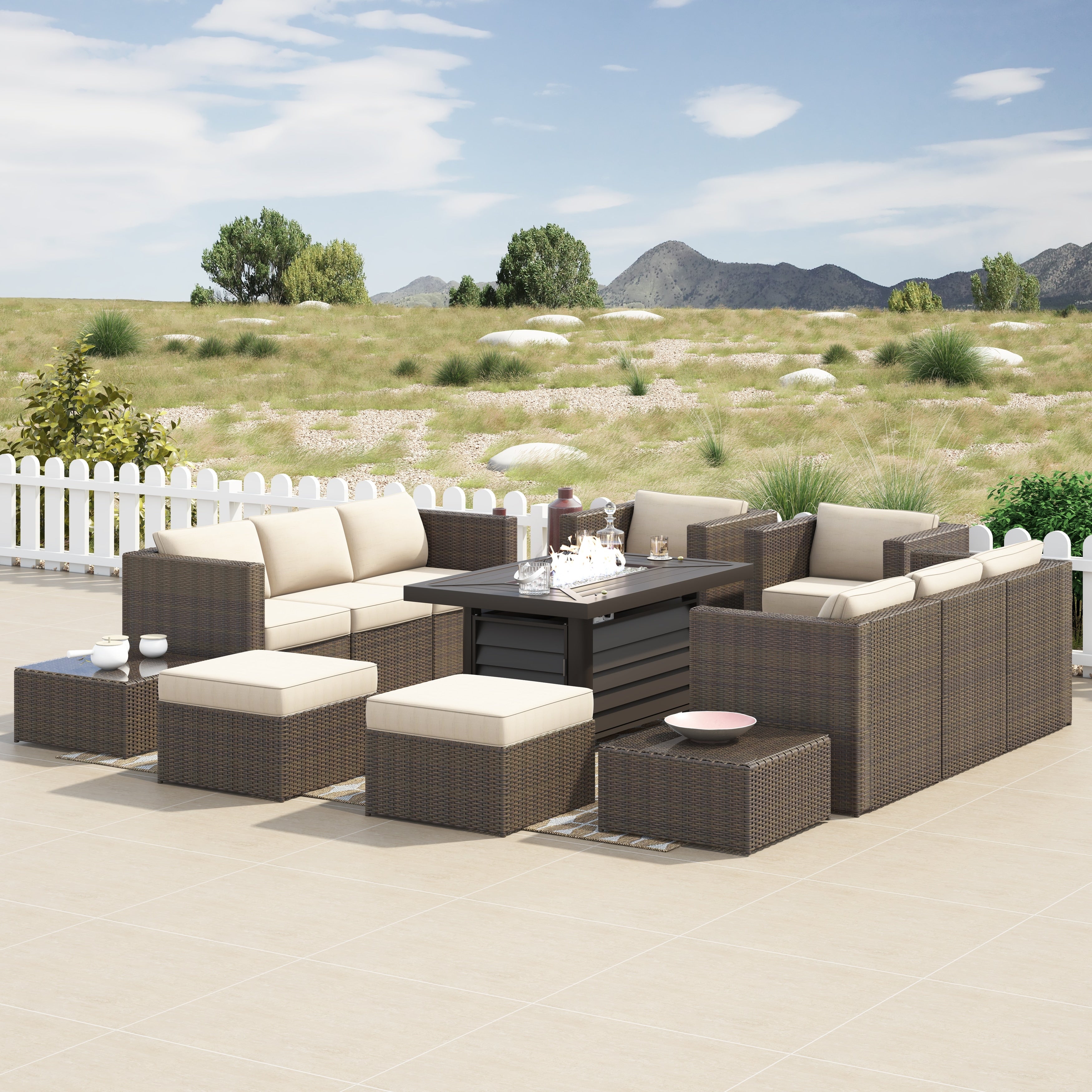 Ensemble de meubles de patio sectionnels en osier tressé Corvus Trey 13 pièces avec table à feu