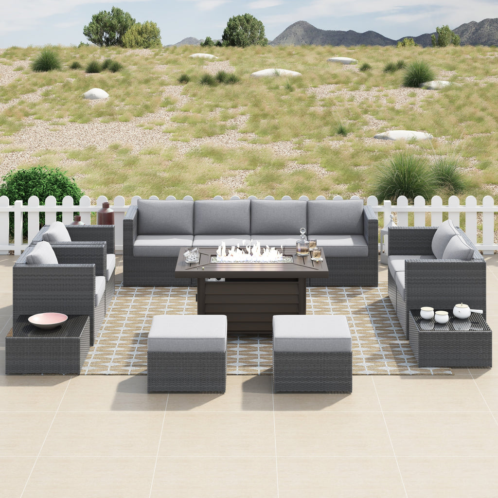 Ensemble de meubles de patio sectionnels en osier tressé Corvus Trey 13 pièces avec table à feu