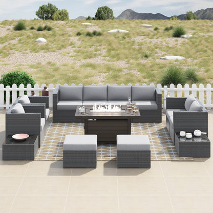 Ensemble de meubles de patio sectionnels en osier tressé Corvus Trey 13 pièces avec table à feu