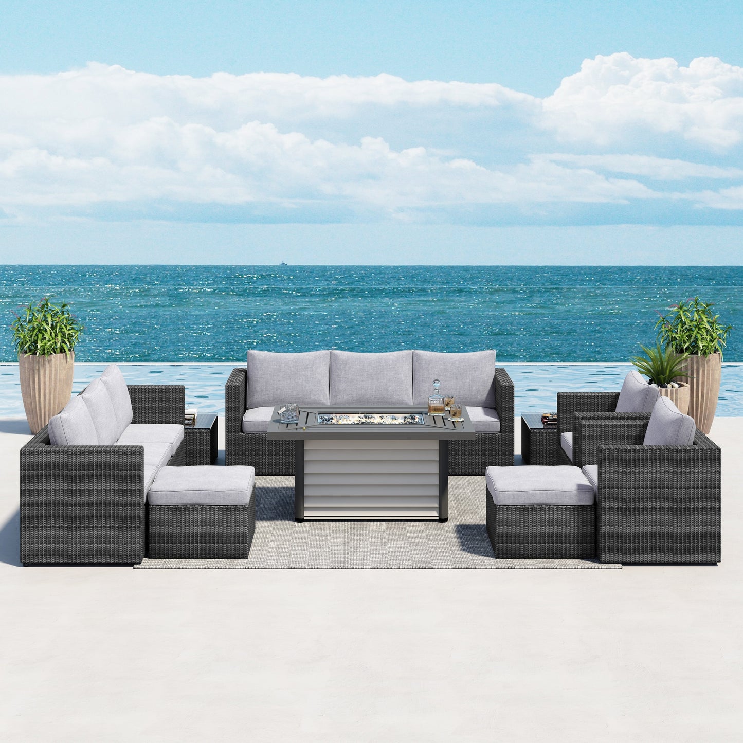 Ensemble de meubles de patio sectionnels en osier tressé Corvus Trey 13 pièces avec table à feu