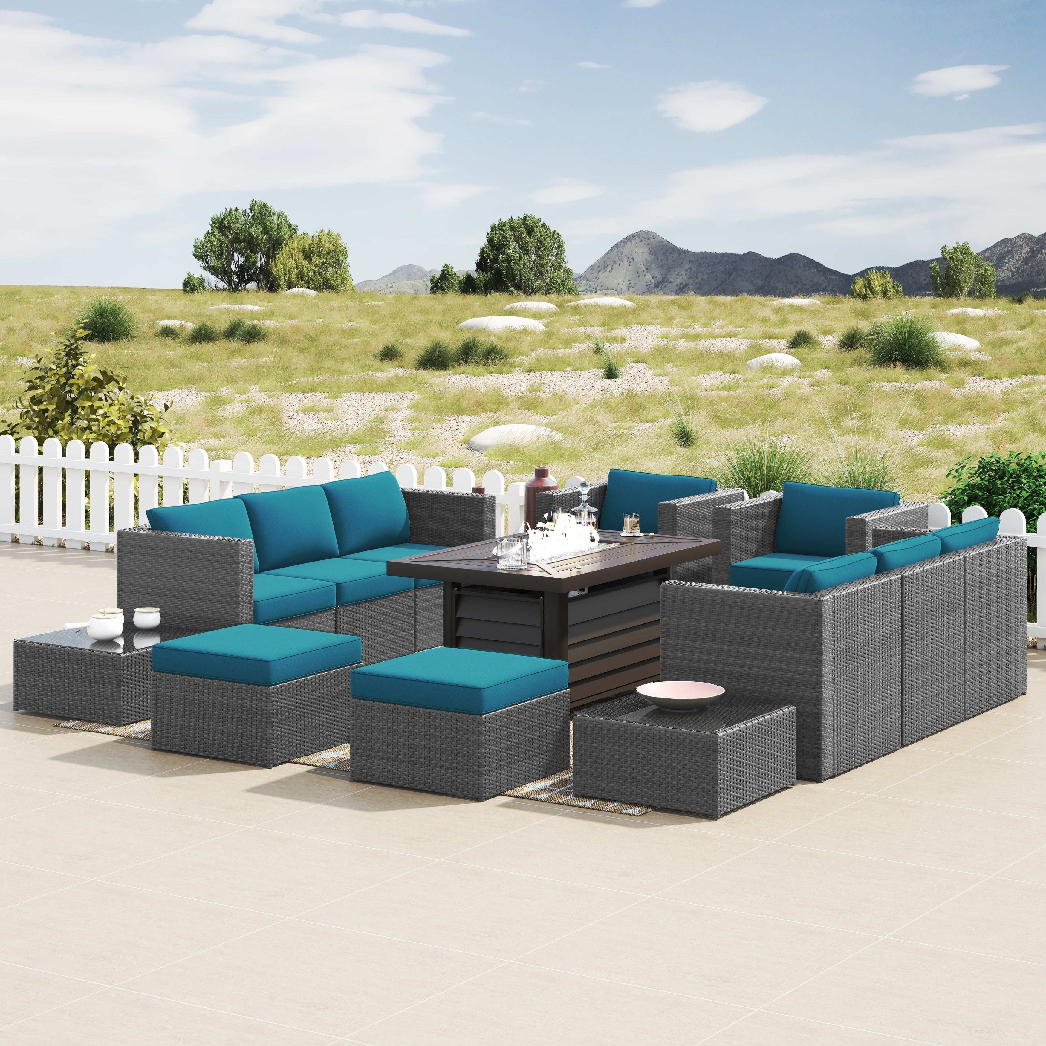Ensemble de meubles de patio sectionnels en osier tressé Corvus Trey 13 pièces avec table à feu