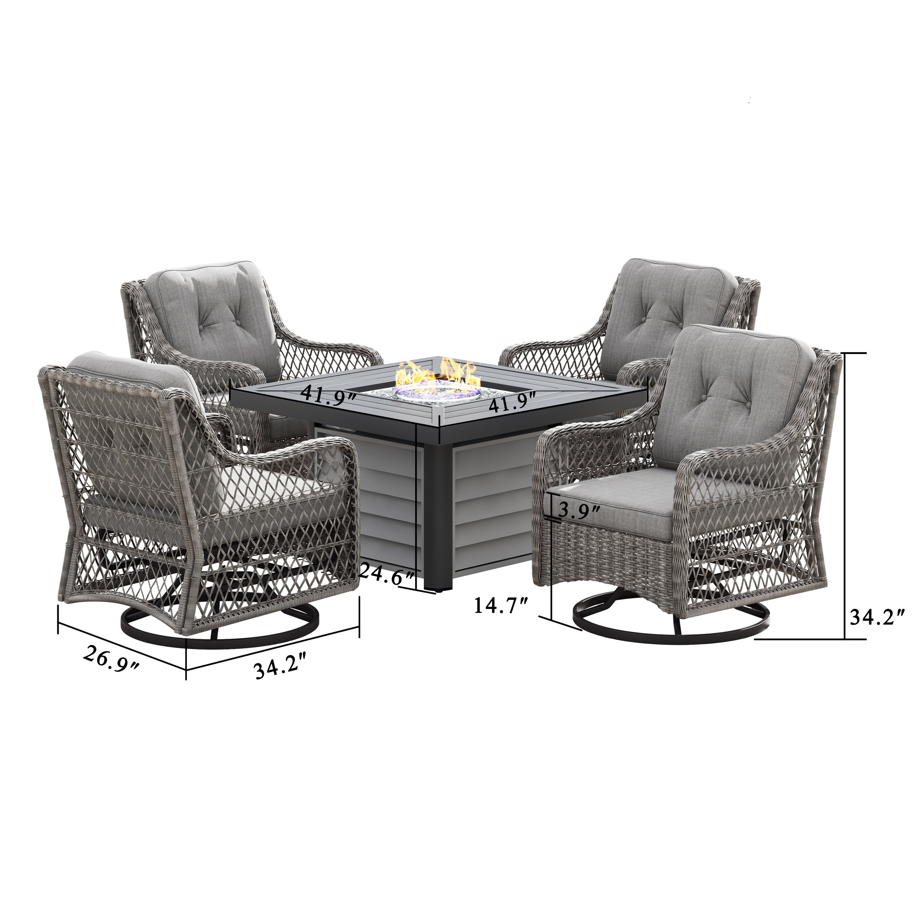 Ensemble de salon pivotant d'extérieur Corvus Vasconia 5 pièces en résine tressée avec table à feu