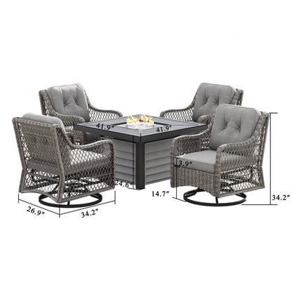 Ensemble de salon pivotant d'extérieur Corvus Vasconia 5 pièces en résine tressée avec table à feu