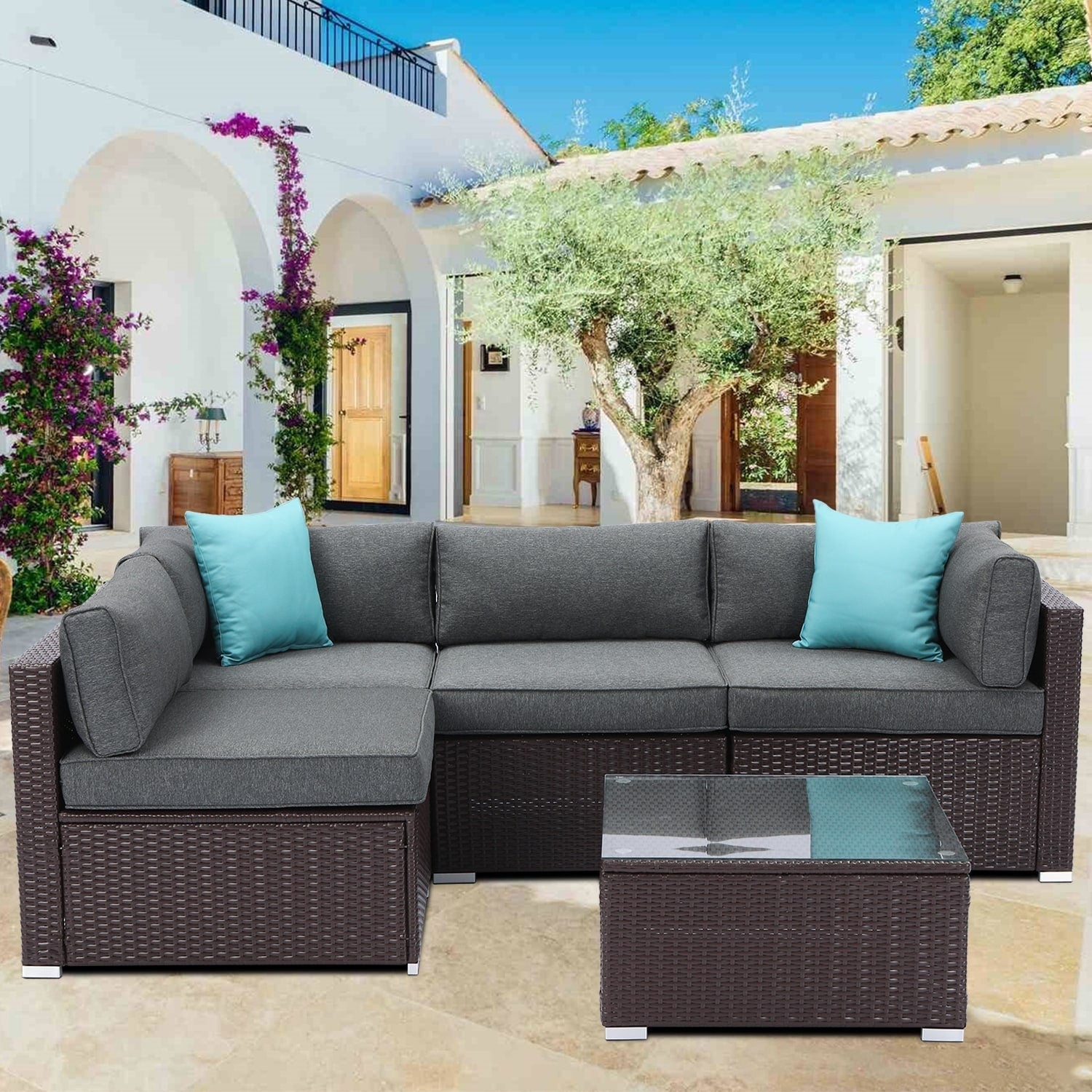 Ensemble de meubles de jardin en osier 5 pièces le plus confortable avec table basse