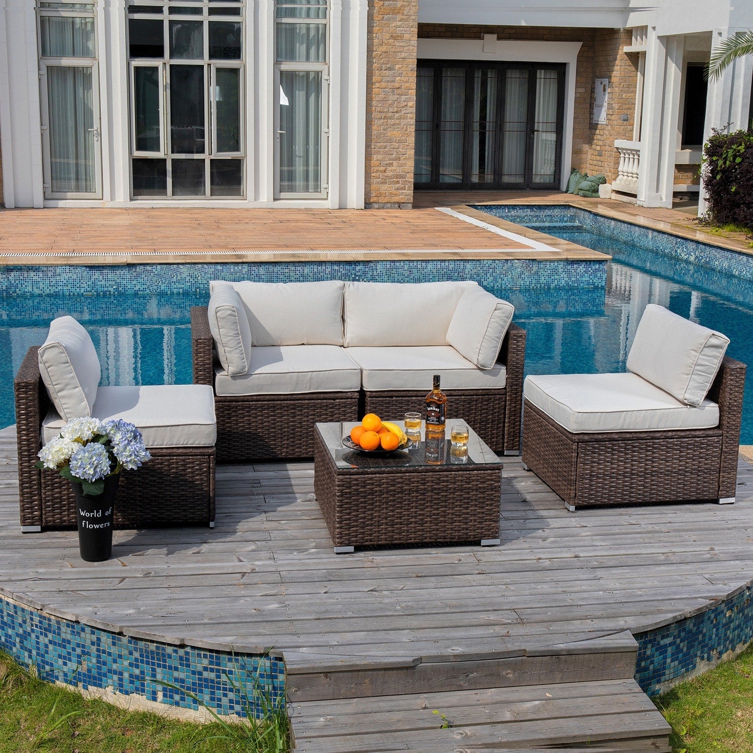 Ensemble de meubles de jardin en osier 5 pièces le plus confortable avec table basse