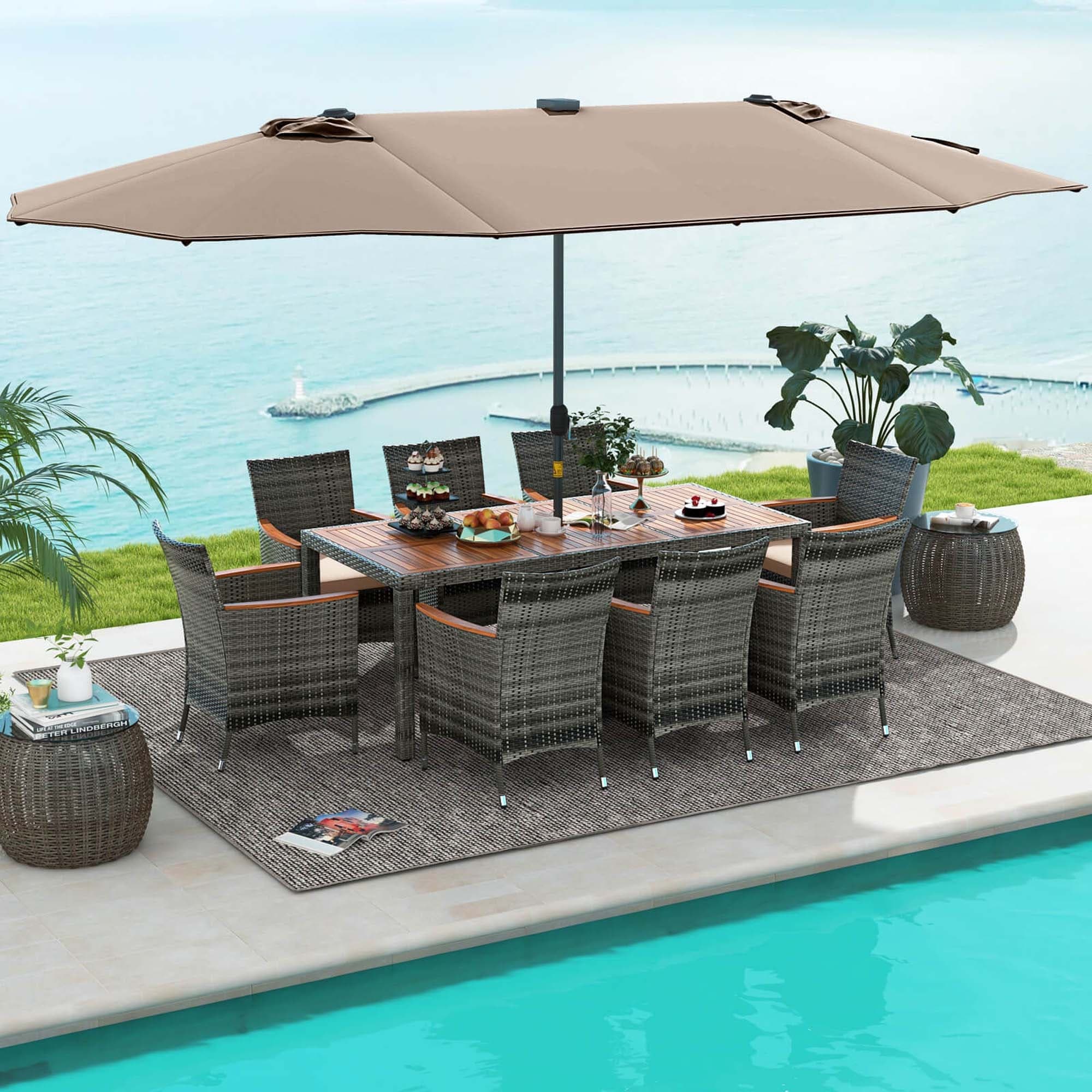 Ensemble de salle à manger de patio Costway 11 pièces avec parasol double face de 15 pieds - Voir les détails