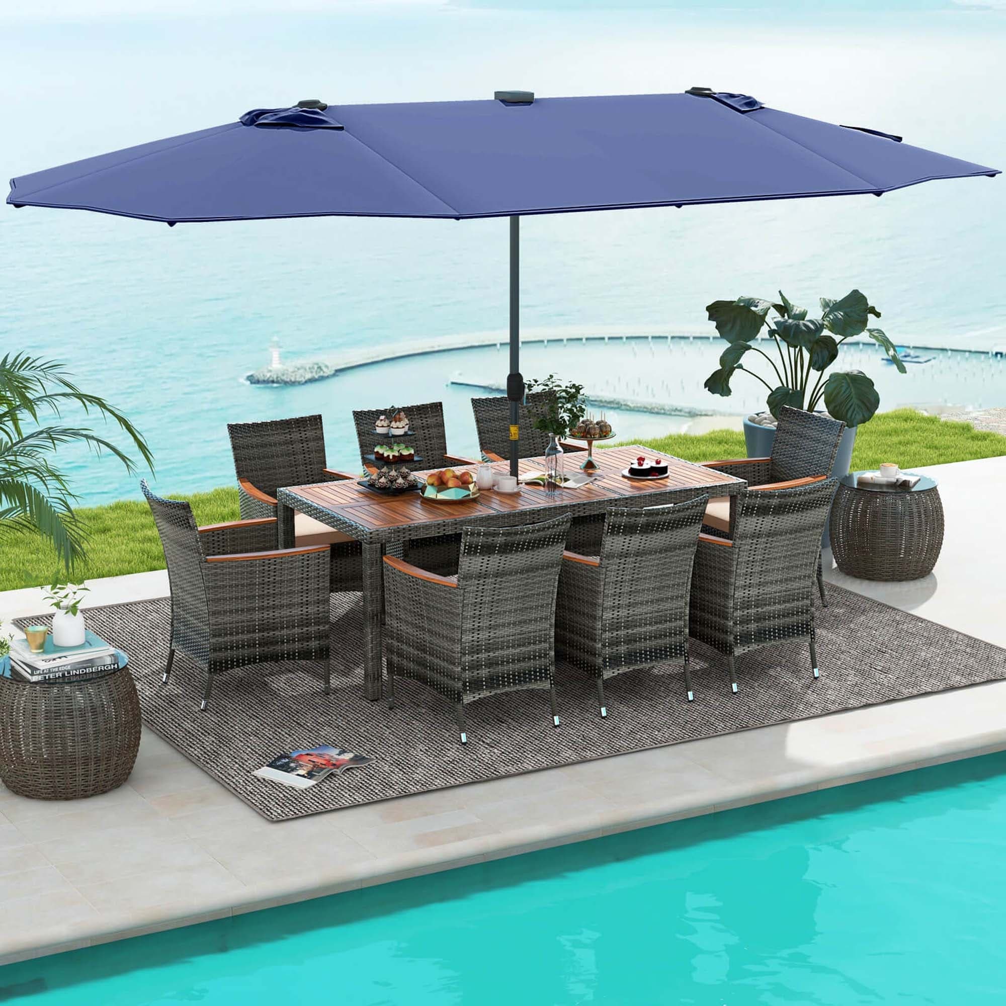 Ensemble de salle à manger de patio Costway 11 pièces avec parasol double face de 15 pieds - Voir les détails