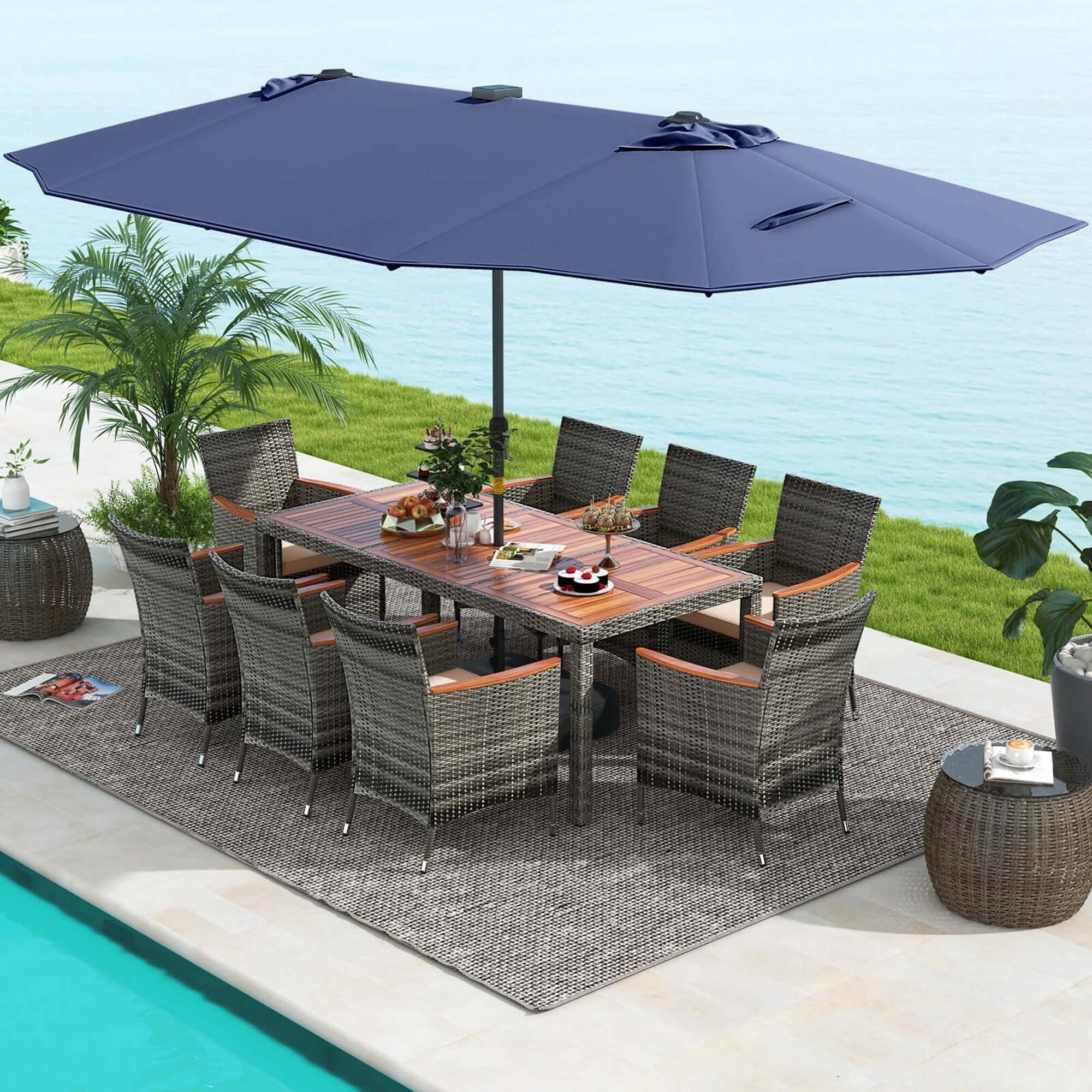 Ensemble de salle à manger de patio Costway 11 pièces avec parasol double face de 15 pieds - Voir les détails