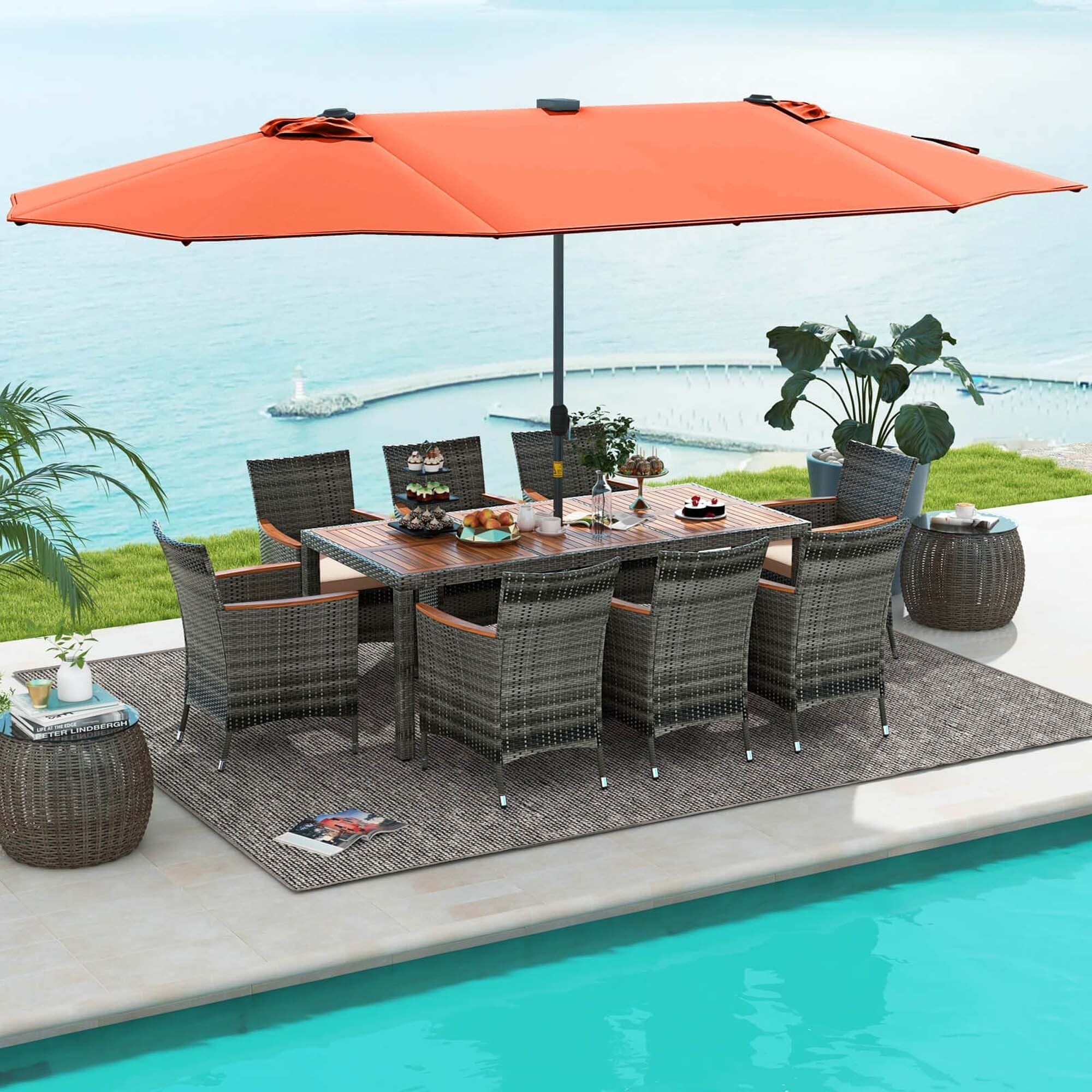 Ensemble de salle à manger de patio Costway 11 pièces avec parasol double face de 15 pieds - Voir les détails