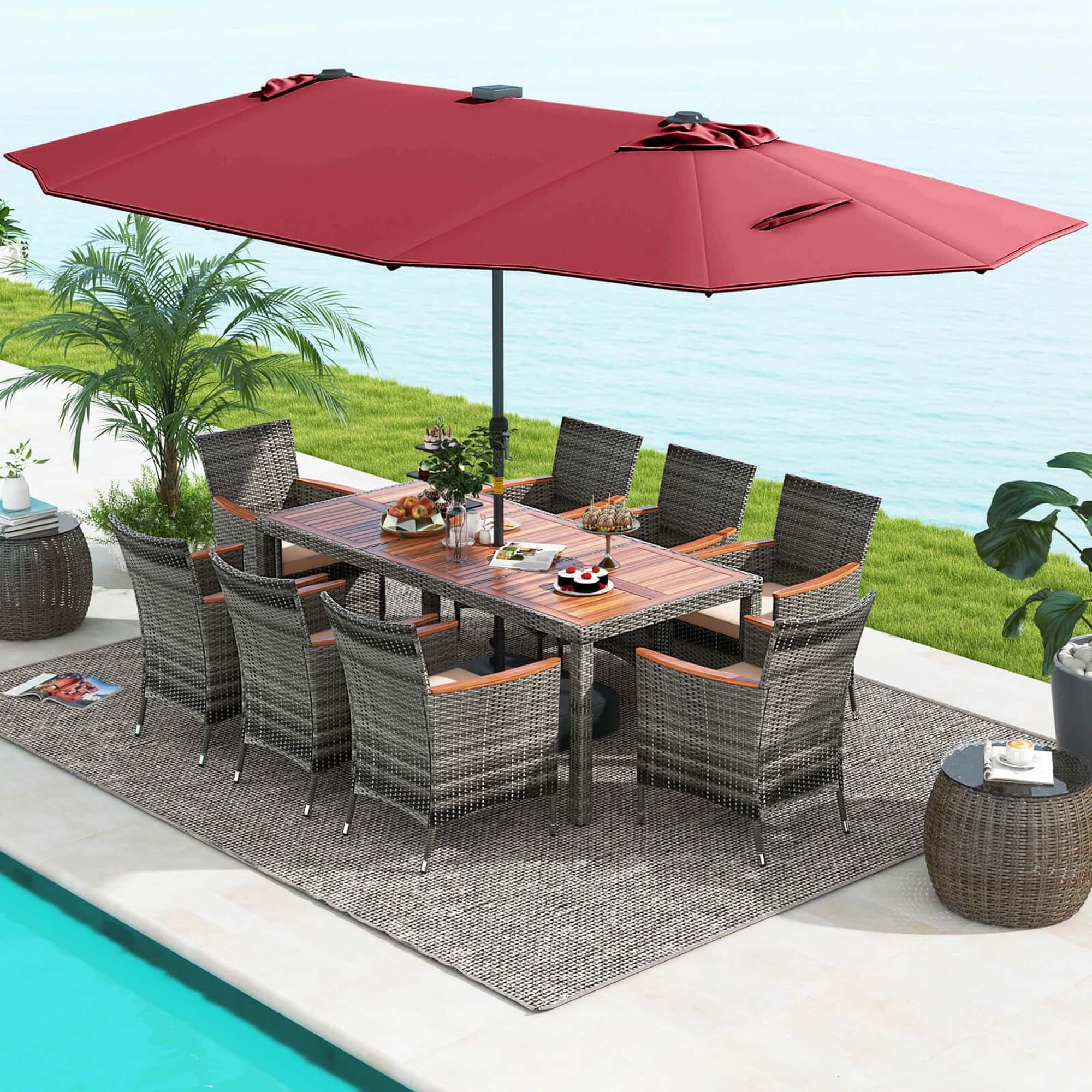 Ensemble de salle à manger de patio Costway 11 pièces avec parasol double face de 15 pieds - Voir les détails