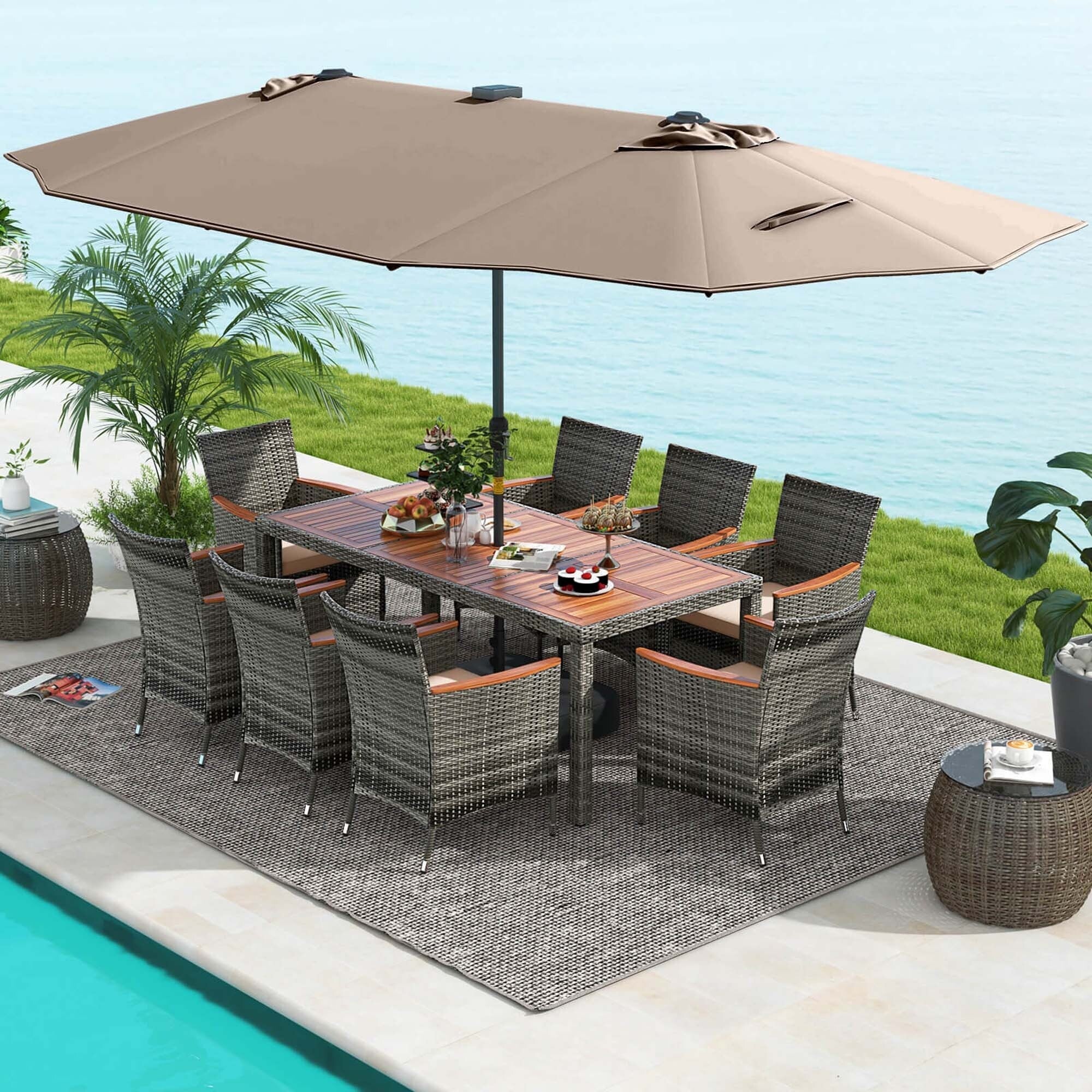 Ensemble de salle à manger de patio Costway 11 pièces avec parasol double face de 15 pieds - Voir les détails