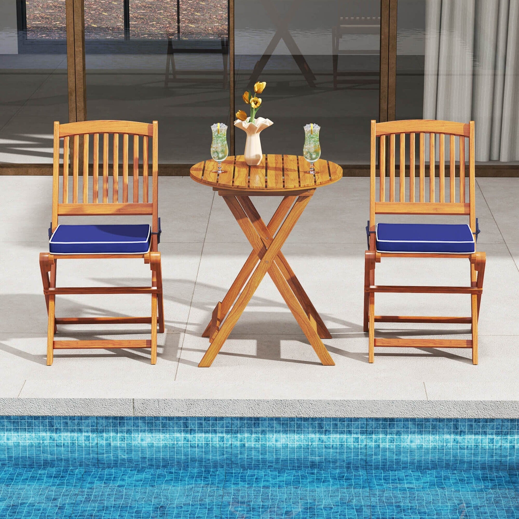 Ensemble bistrot de patio Costway 3 pièces en bois d'acacia avec table et chaises pliantes - Voir les détails