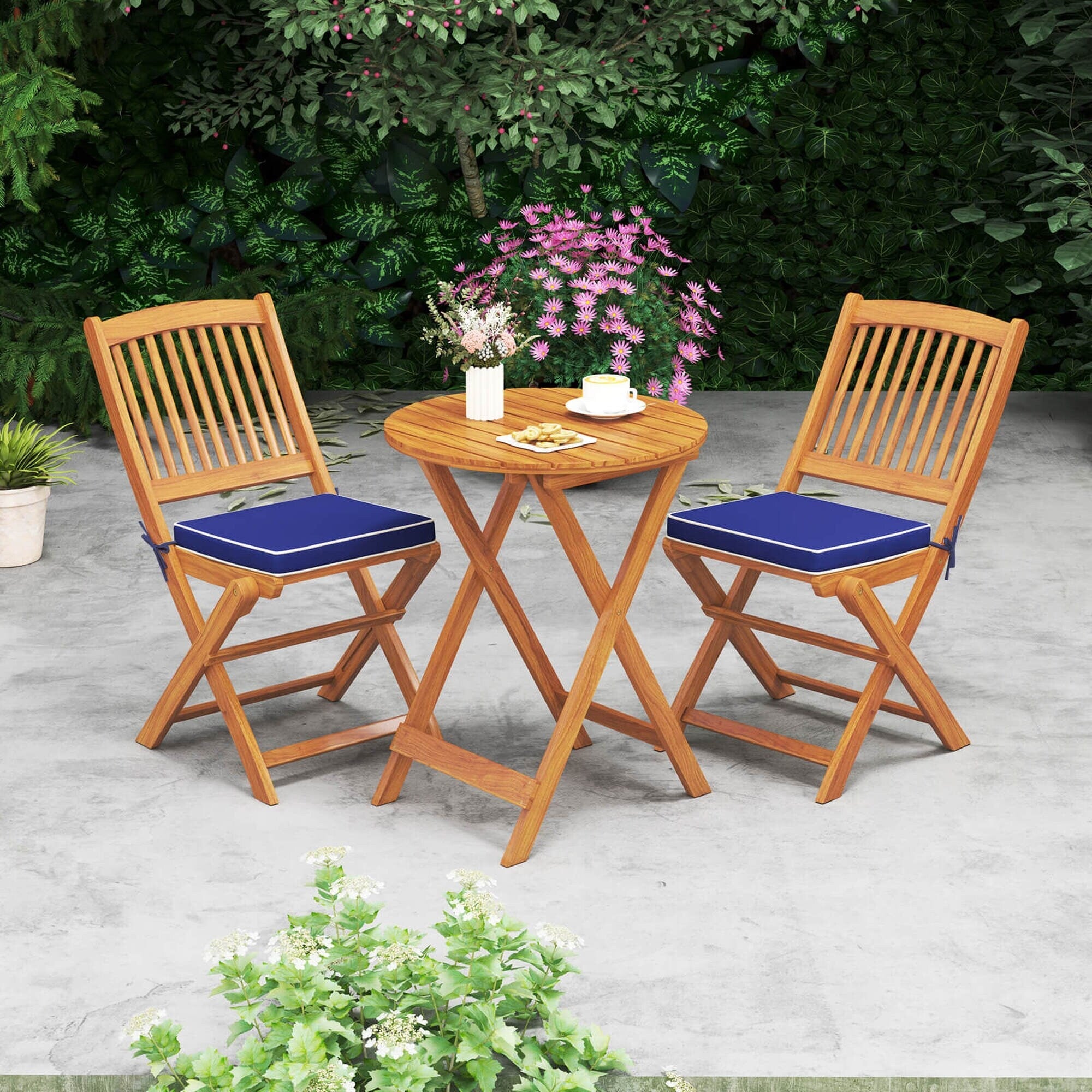 Ensemble bistrot de patio Costway 3 pièces en bois d'acacia avec table et chaises pliantes - Voir les détails