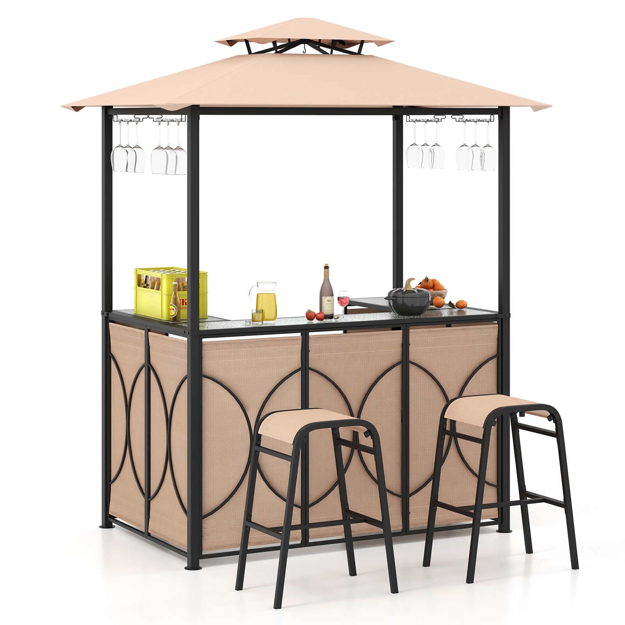 Ensemble de bar de patio Costway 3 pièces avec table de bar en verre trempé et métal - Voir les détails