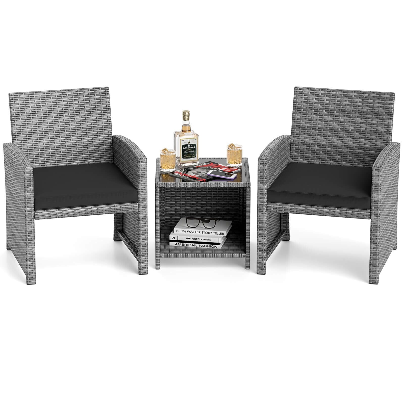 Ensemble de meubles de jardin Costway 3 pièces avec table basse en verre trempé et - Voir les détails