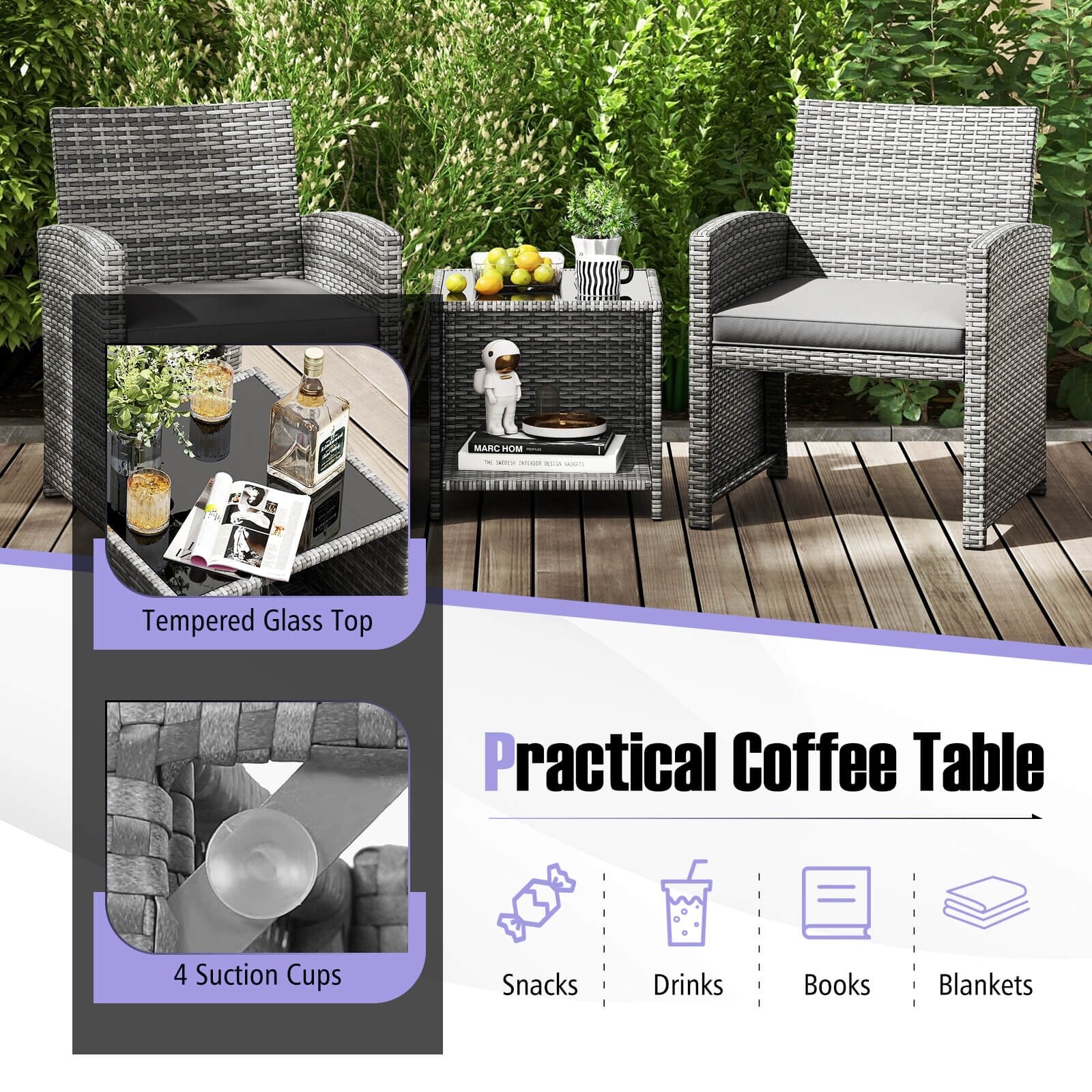 Ensemble de meubles de jardin Costway 3 pièces avec table basse en verre trempé et - Voir les détails