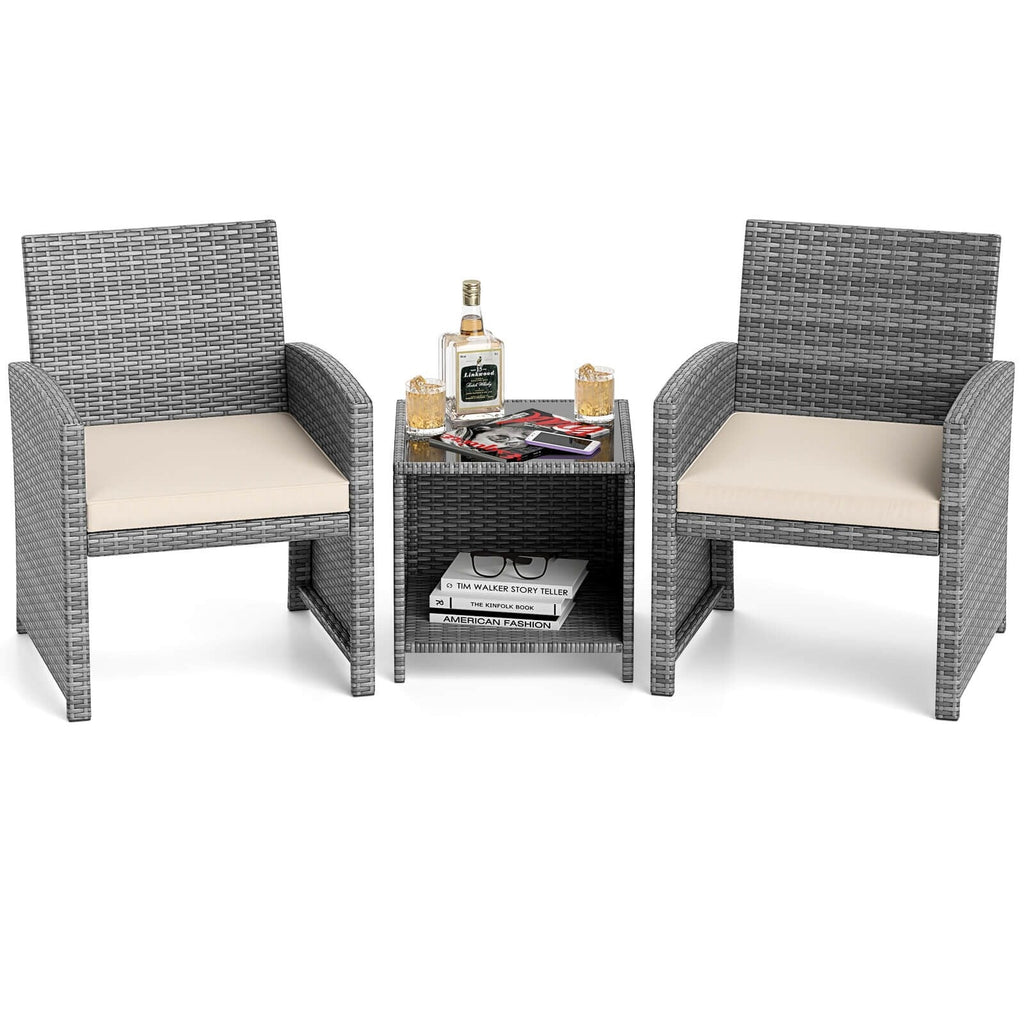 Ensemble de meubles de jardin Costway 3 pièces avec table basse en verre trempé et - Voir les détails