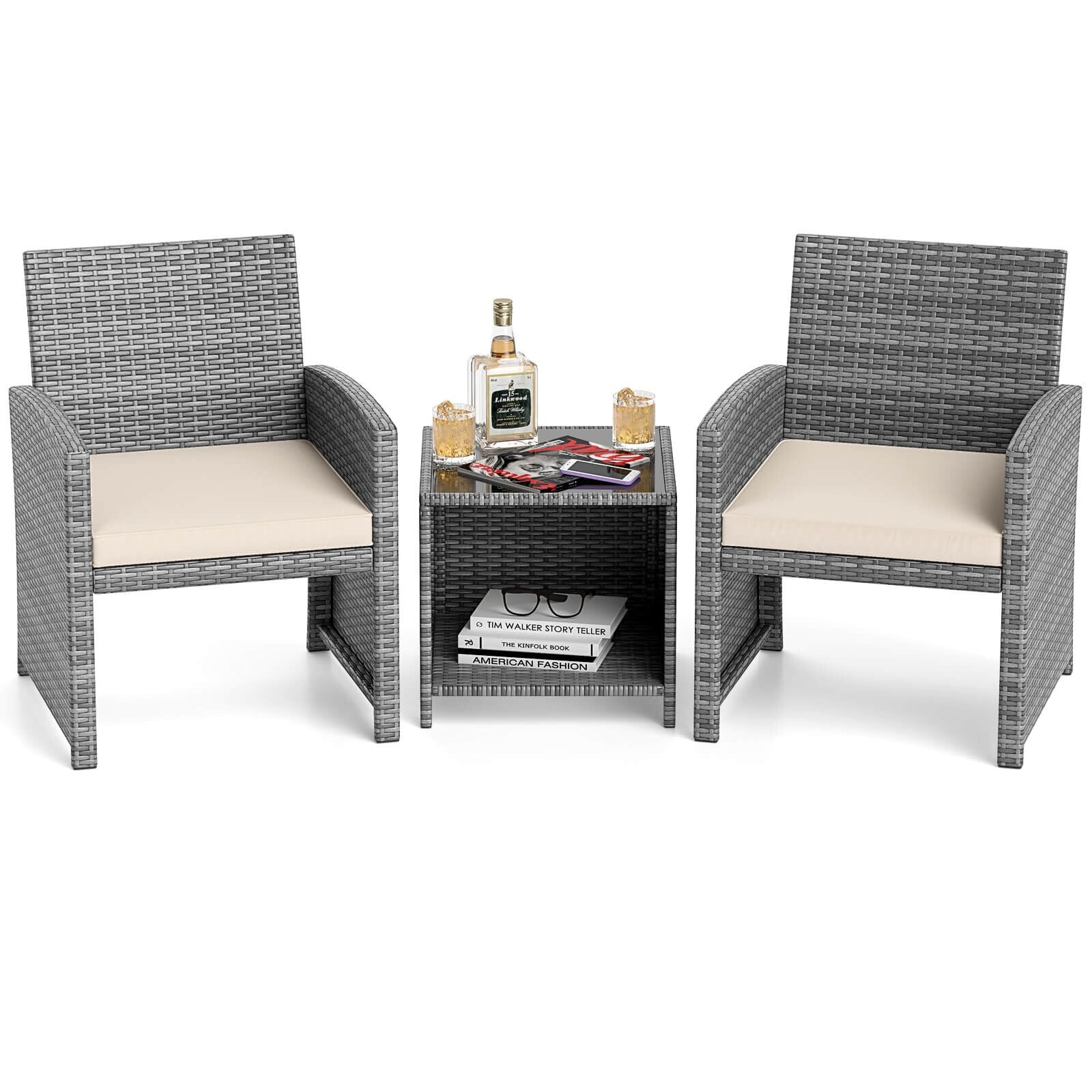 Ensemble de meubles de jardin Costway 3 pièces avec table basse en verre trempé et - Voir les détails
