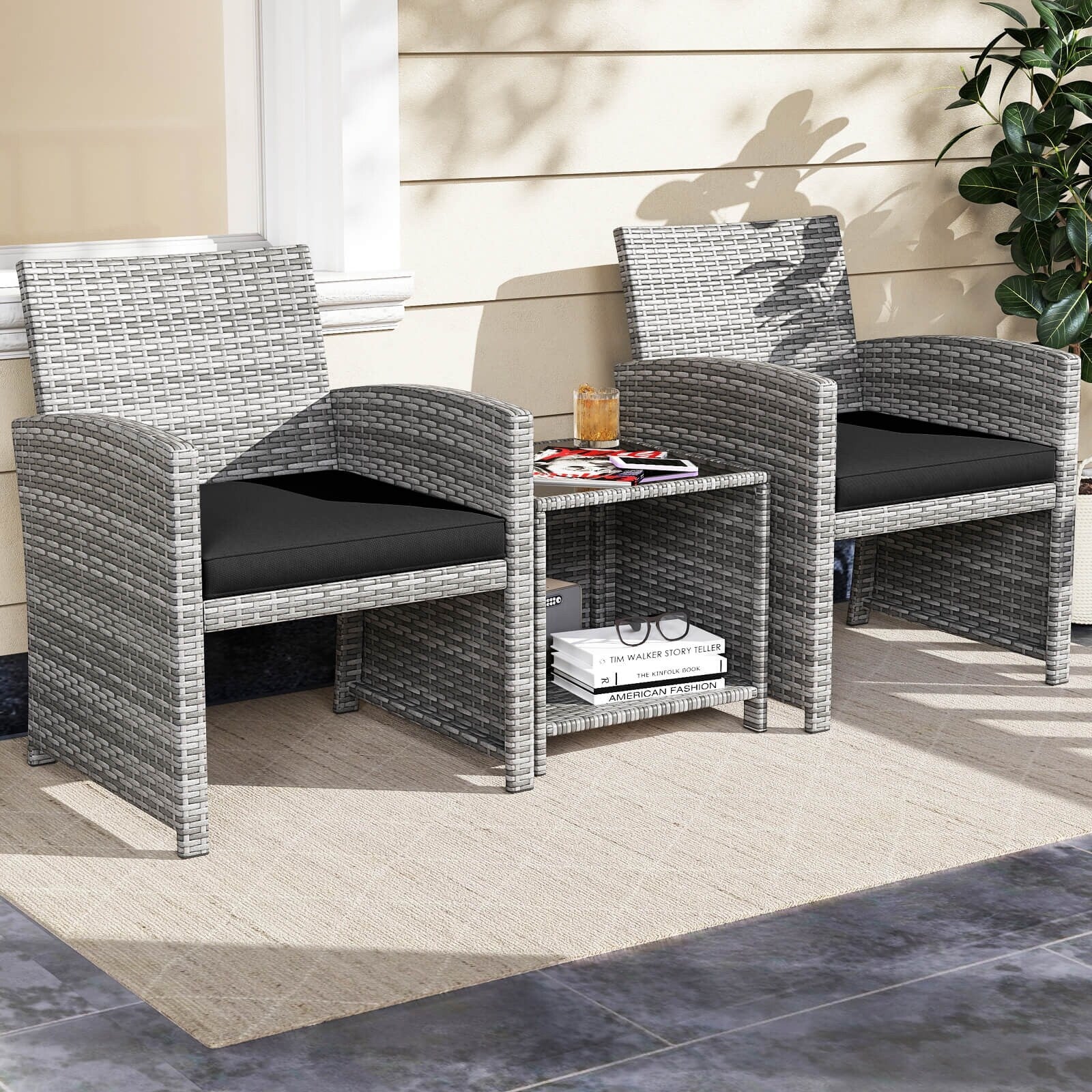 Ensemble de meubles de jardin Costway 3 pièces avec table basse en verre trempé et - Voir les détails
