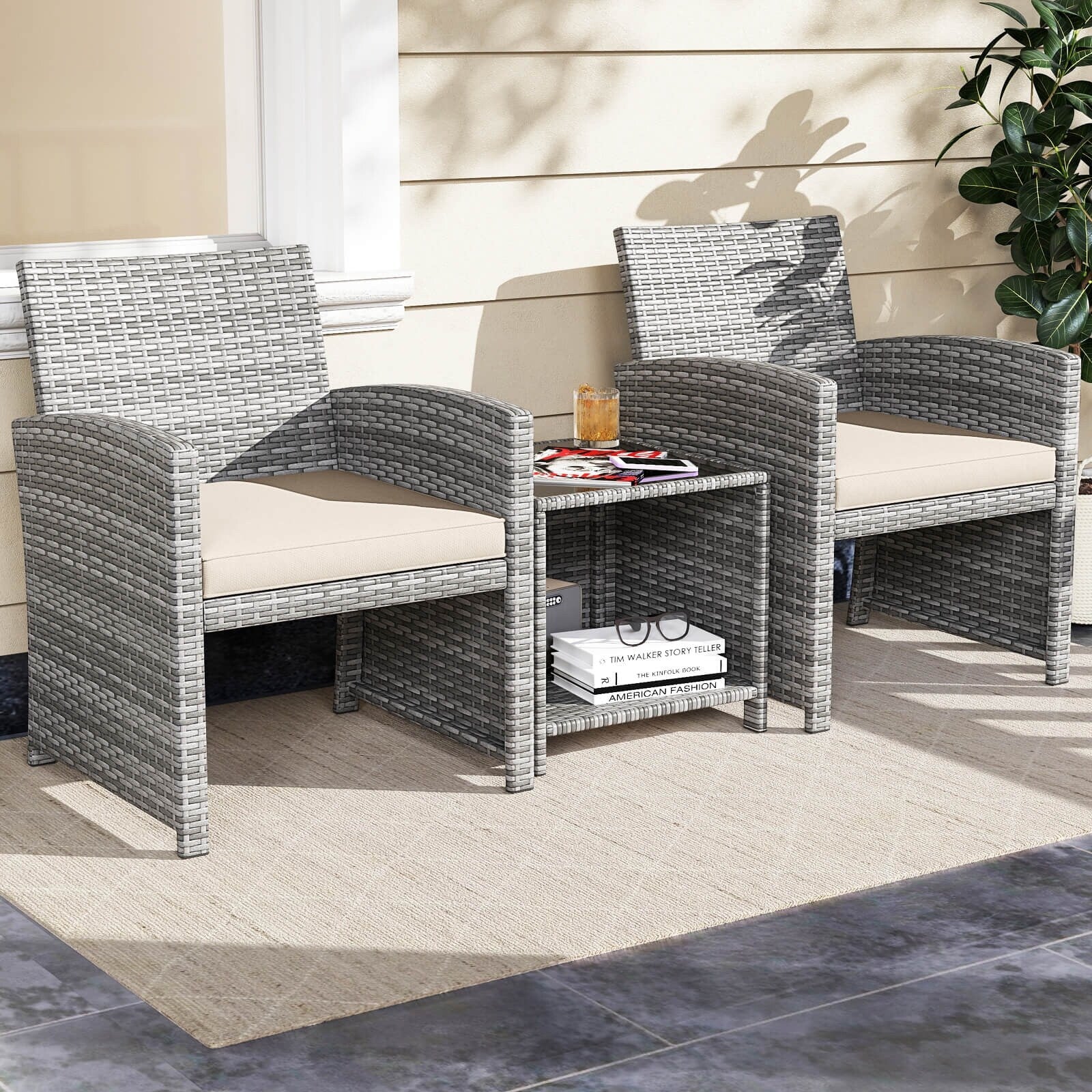 Ensemble de meubles de jardin Costway 3 pièces avec table basse en verre trempé et - Voir les détails
