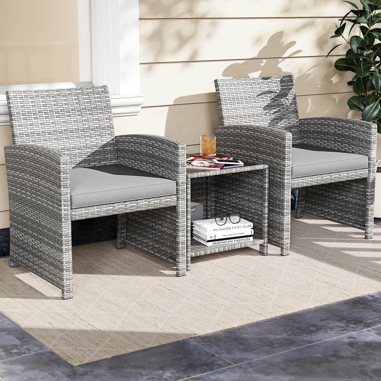 Ensemble de meubles de jardin Costway 3 pièces avec table basse en verre trempé et - Voir les détails