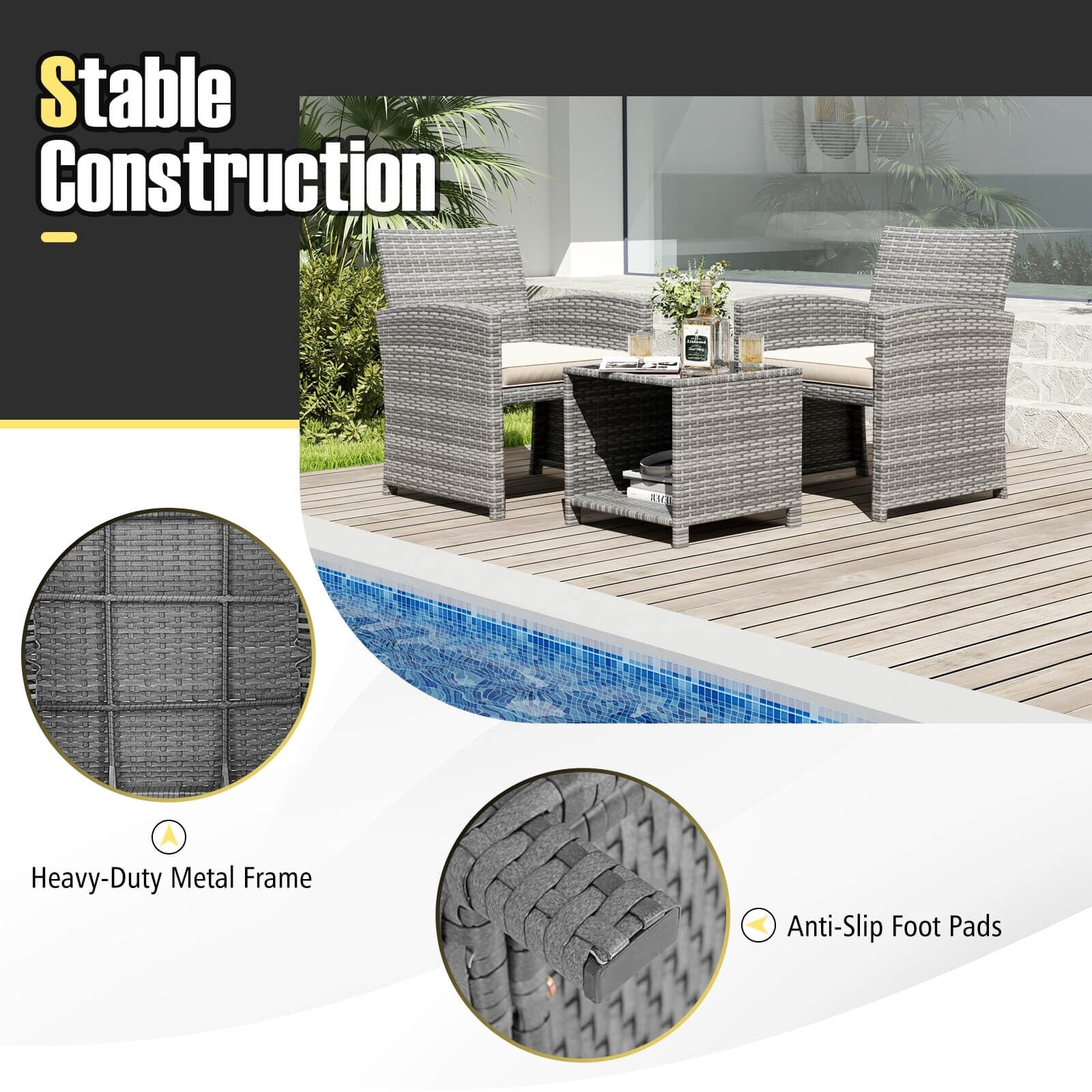 Ensemble de meubles de jardin Costway 3 pièces avec table basse en verre trempé et - Voir les détails