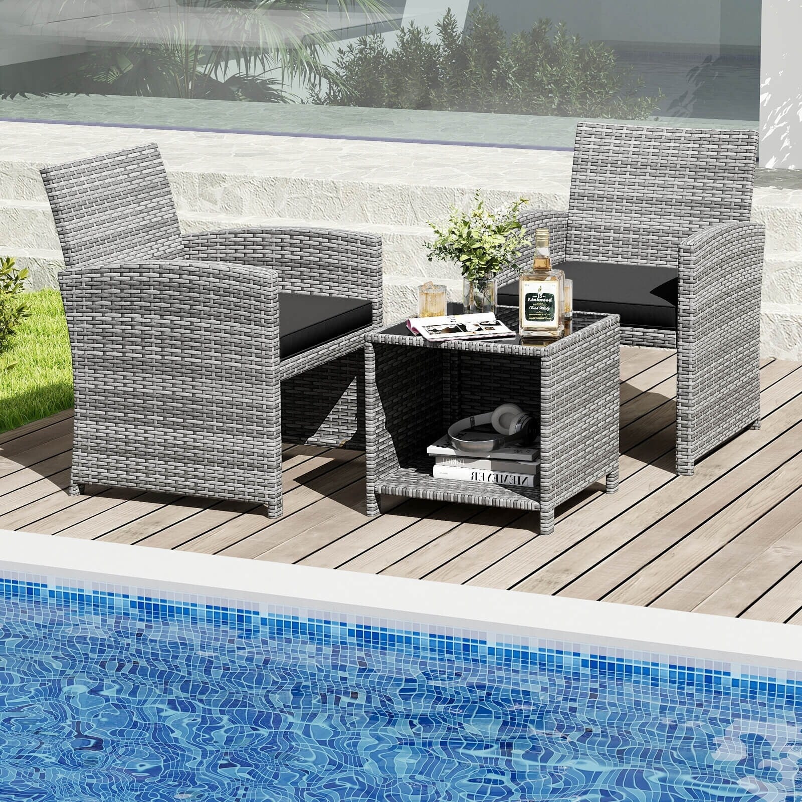 Ensemble de meubles de jardin Costway 3 pièces avec table basse en verre trempé et - Voir les détails