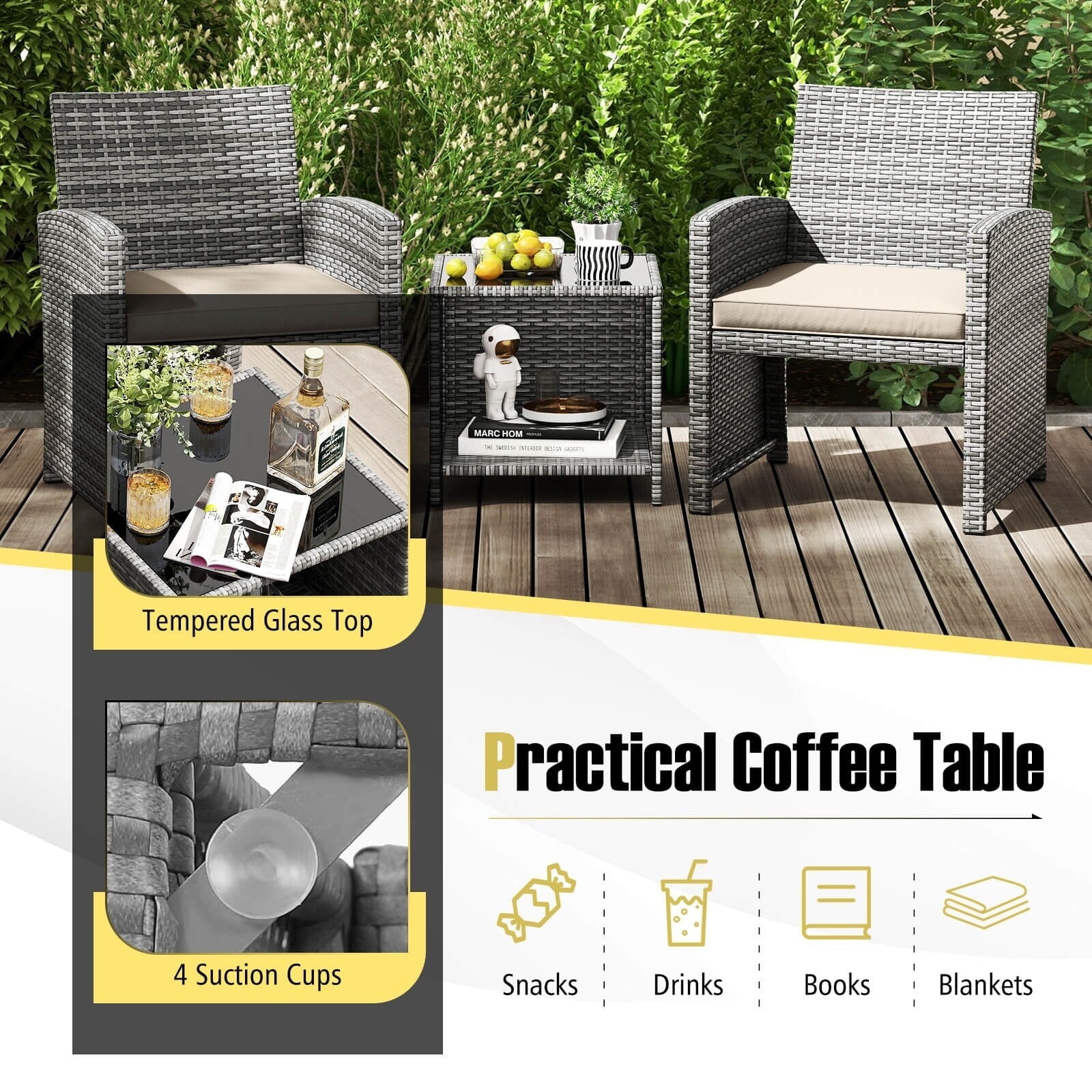 Ensemble de meubles de jardin Costway 3 pièces avec table basse en verre trempé et - Voir les détails