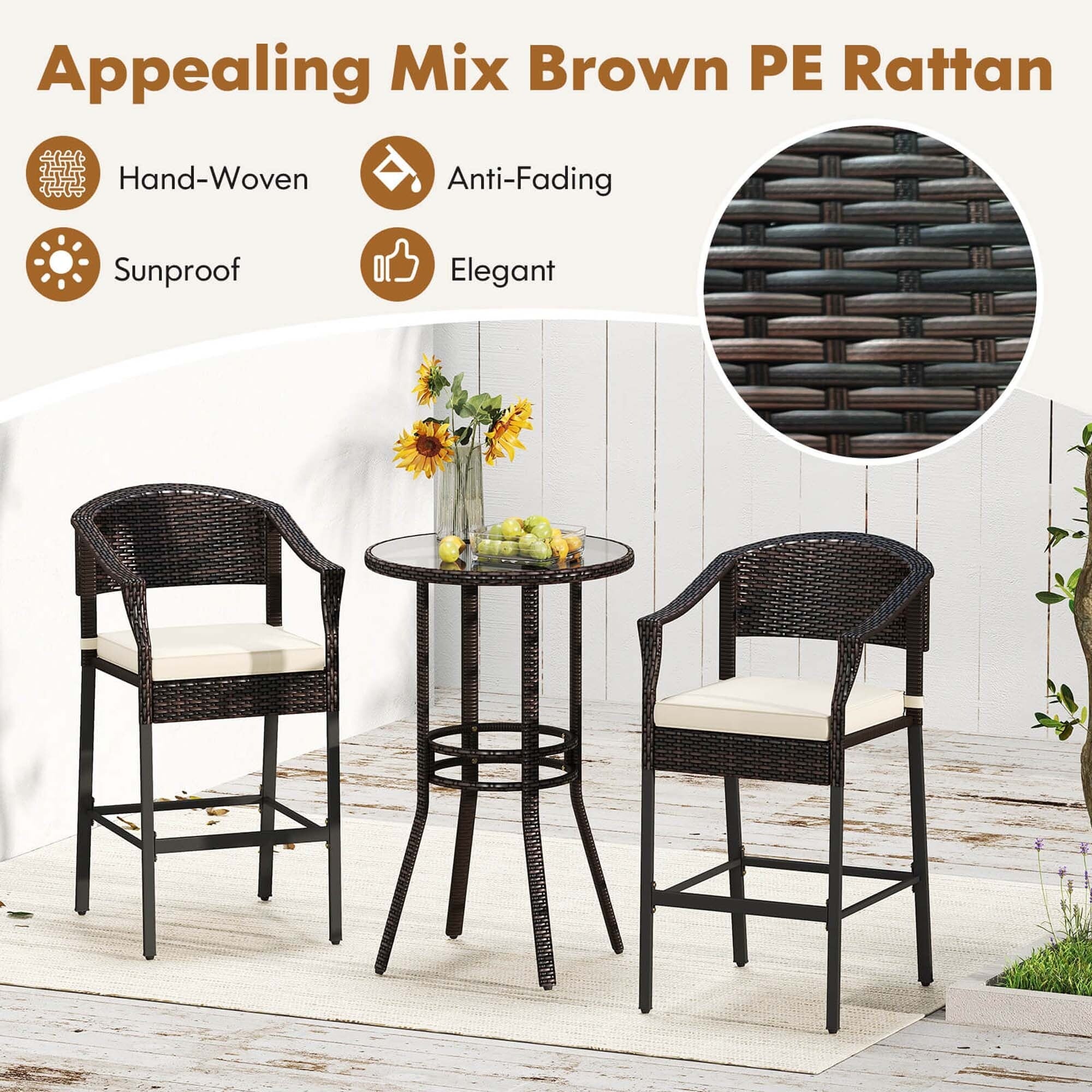 Ensemble de bar en rotin Costway 3 pièces avec fauteuils en osier et table ronde - Voir les détails