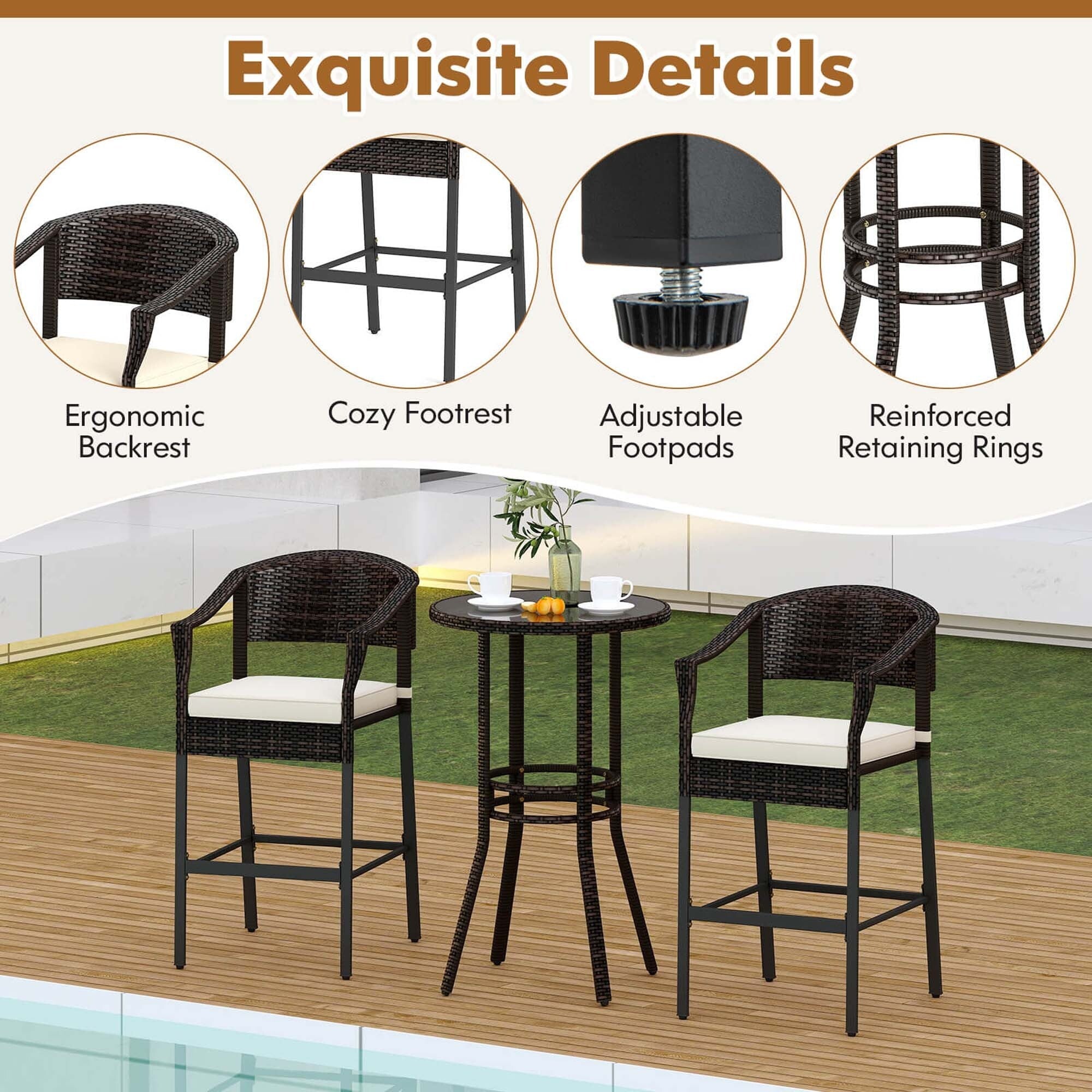 Ensemble de bar en rotin Costway 3 pièces avec fauteuils en osier et table ronde - Voir les détails