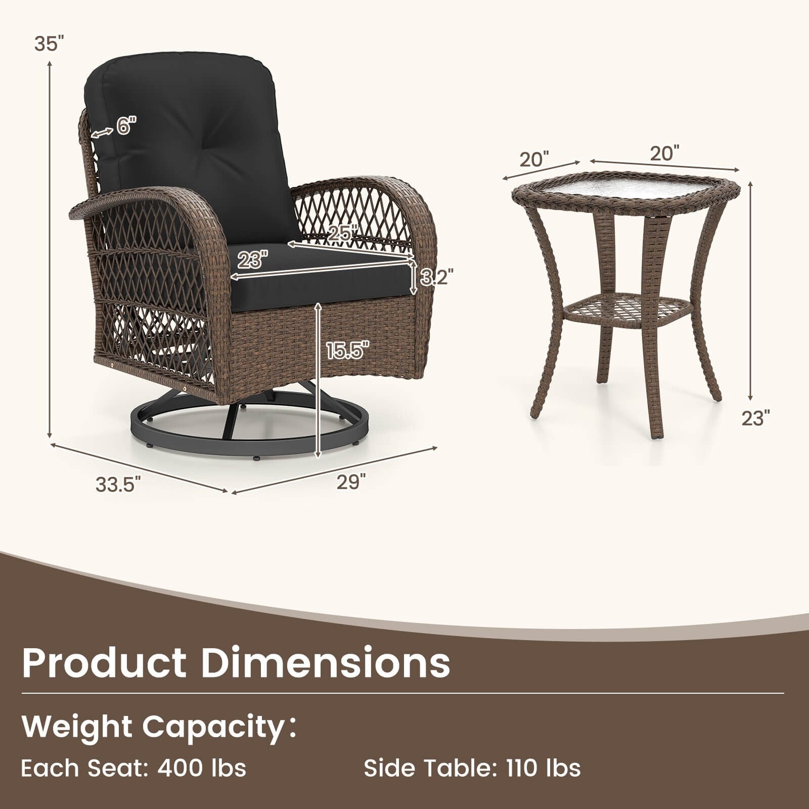 Ensemble de 3 chaises pivotantes et berçantes Costway pour patio - Voir les détails