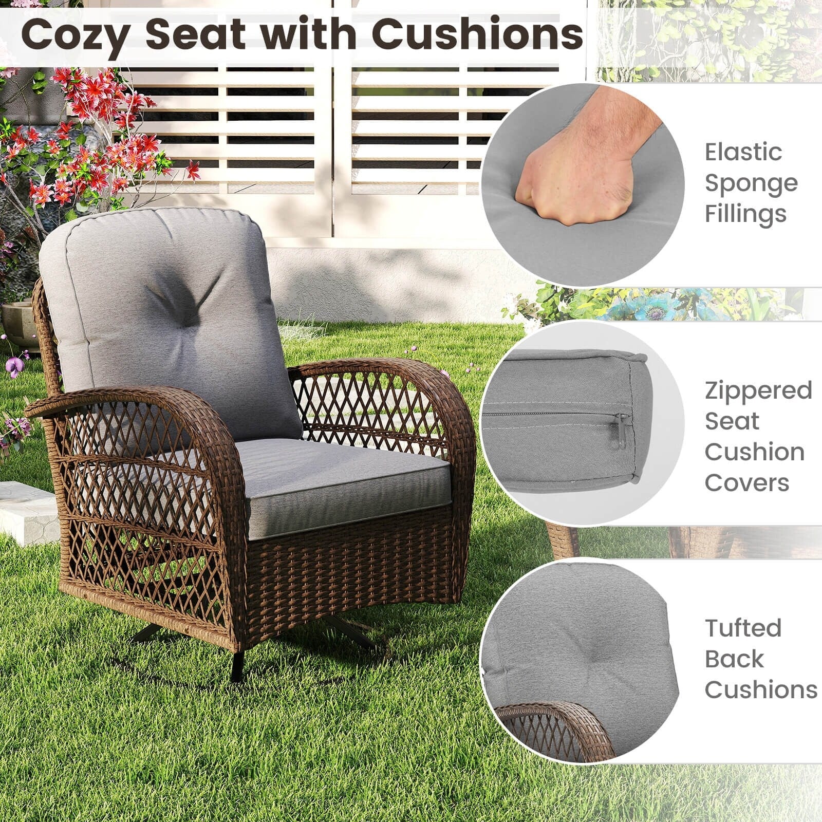 Ensemble de 3 chaises pivotantes et berçantes Costway pour patio - Voir les détails