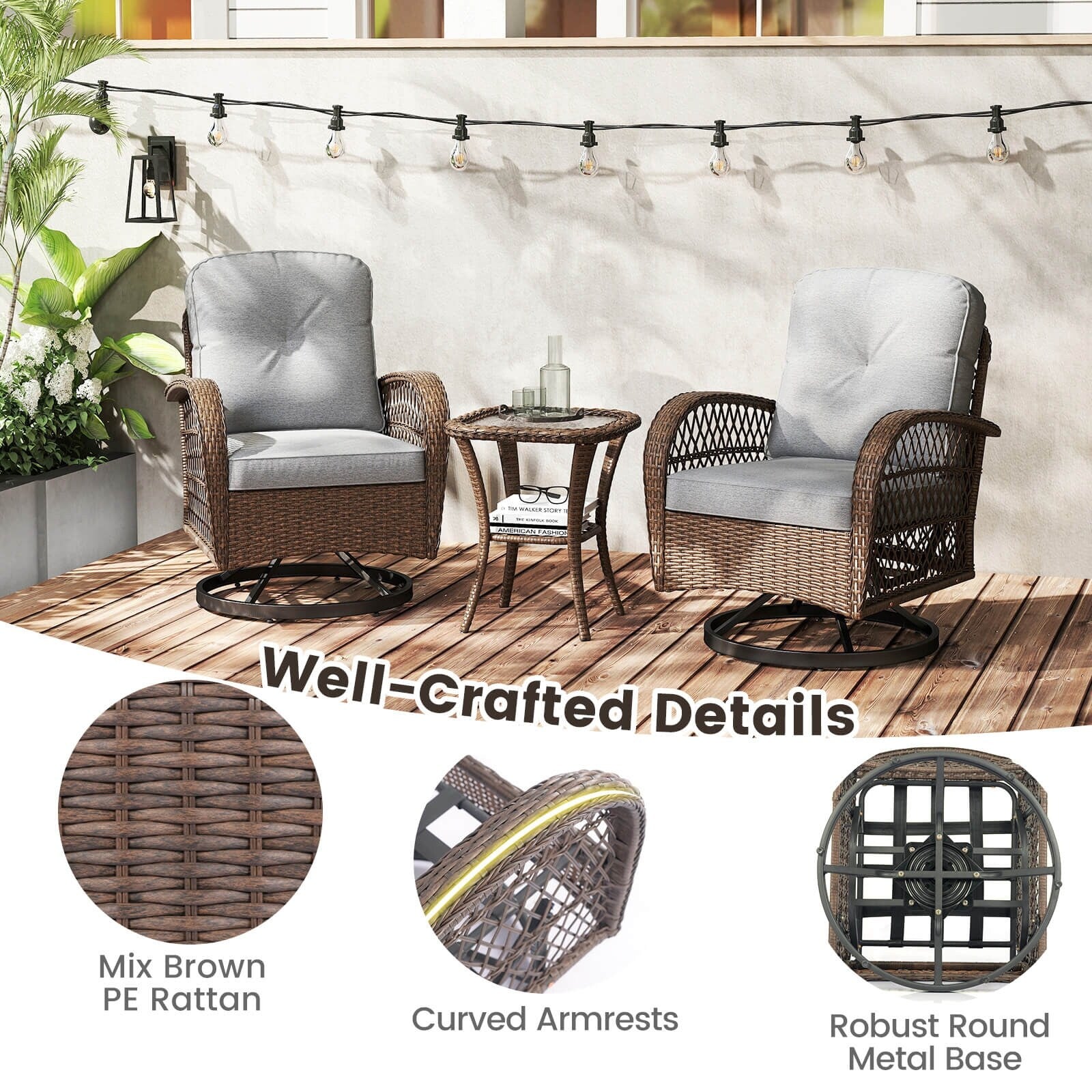 Ensemble de 3 chaises pivotantes et berçantes Costway pour patio - Voir les détails