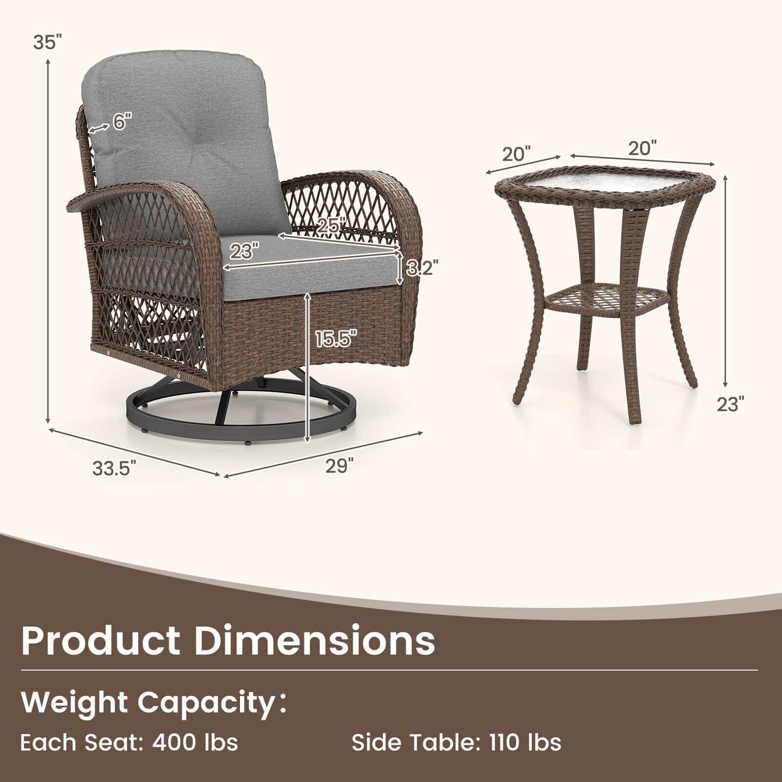 Ensemble de 3 chaises pivotantes et berçantes Costway pour patio - Voir les détails