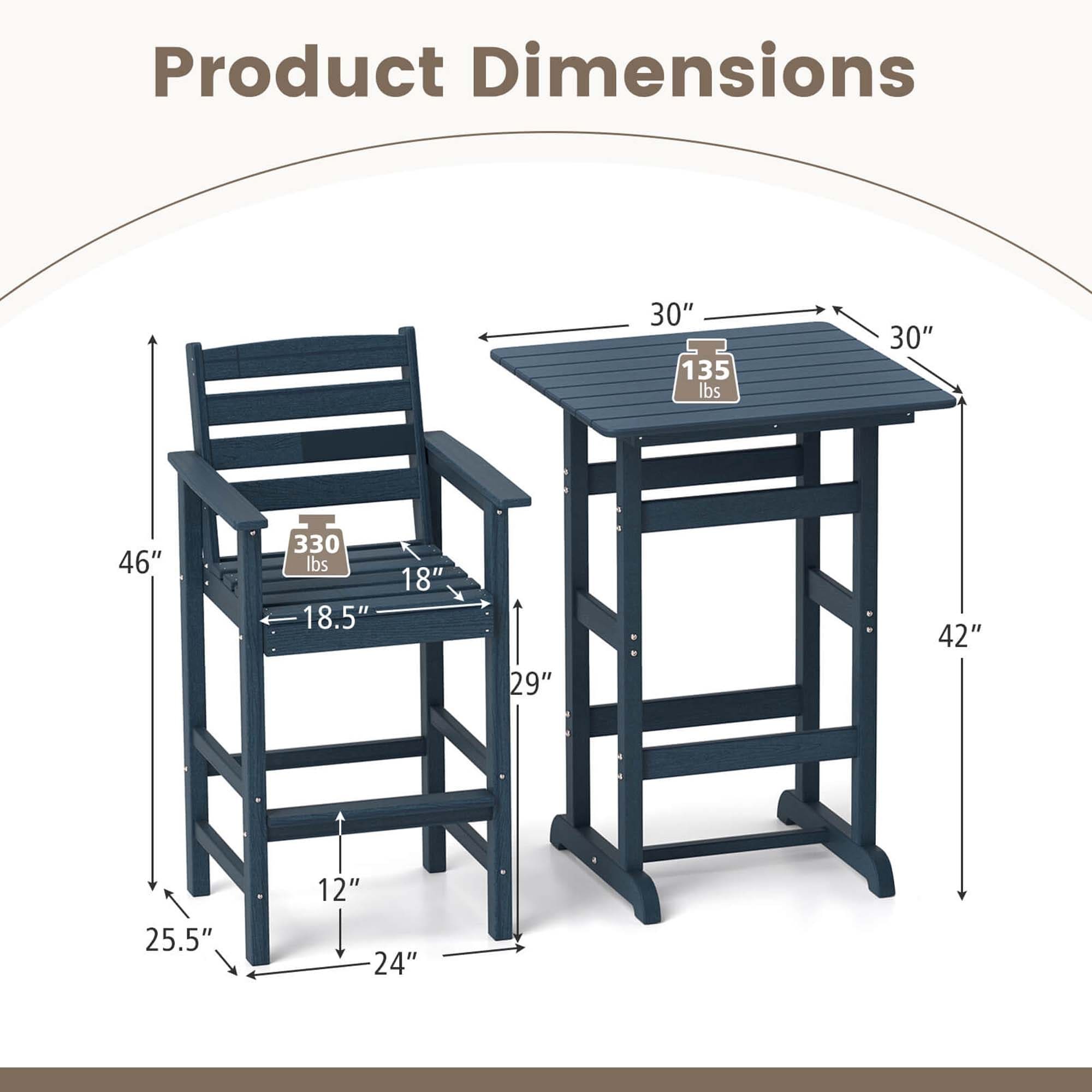 Ensemble de bar Costway 3 pièces en PEHD avec fauteuils et plateau haut carré - Voir les détails