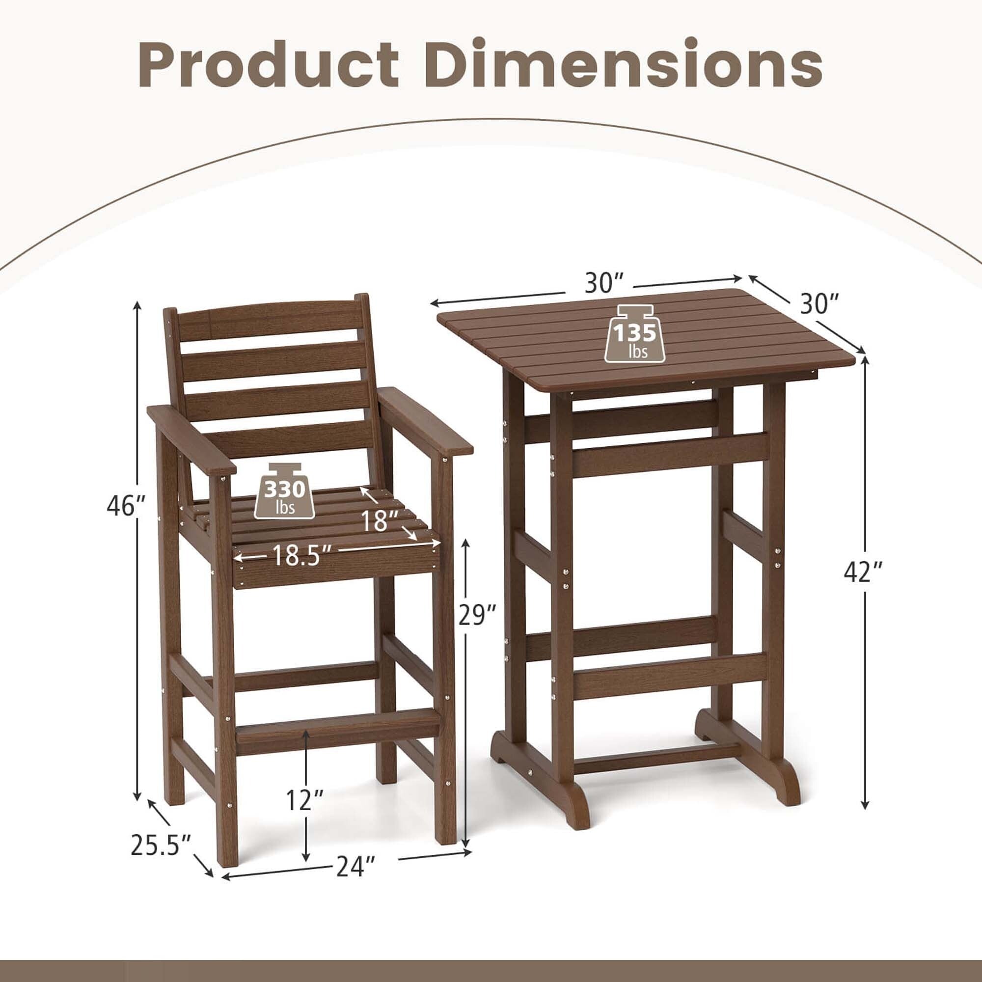 Ensemble de bar Costway 3 pièces en PEHD avec fauteuils et plateau haut carré - Voir les détails