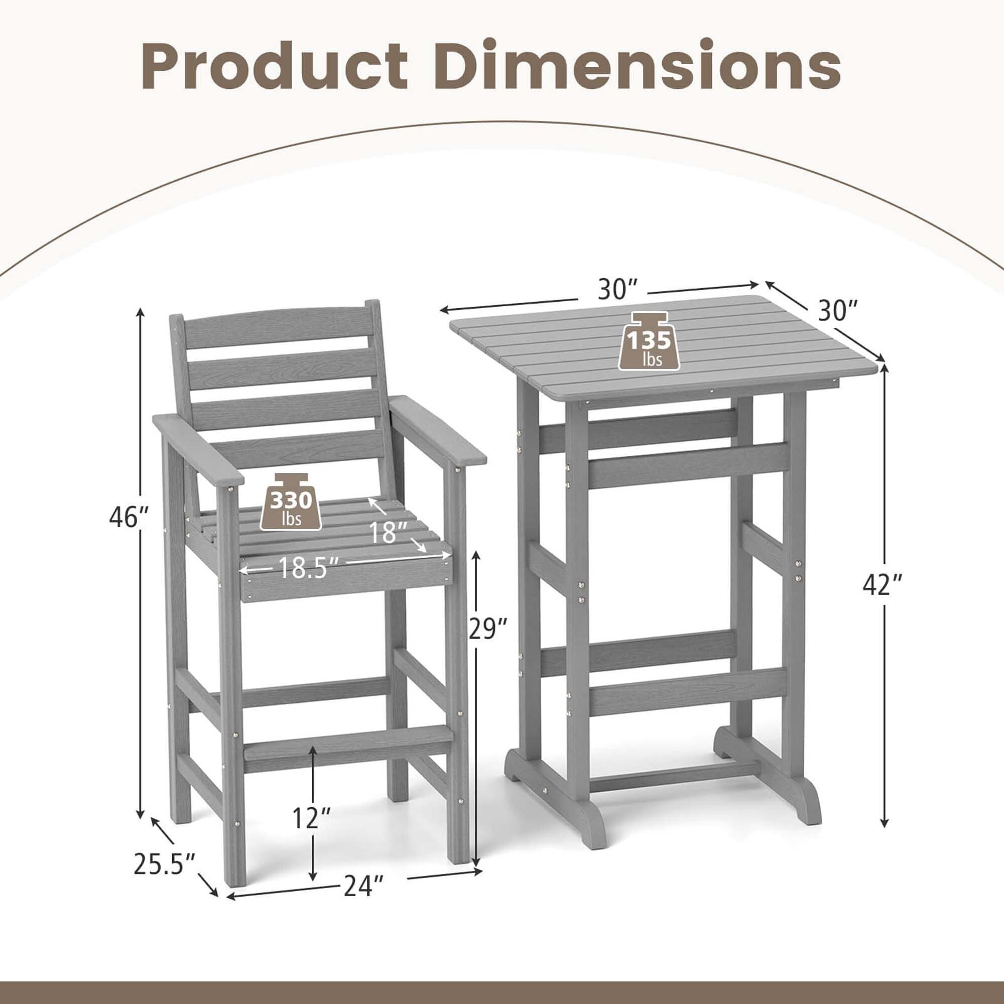 Ensemble de bar Costway 3 pièces en PEHD avec fauteuils et plateau haut carré - Voir les détails