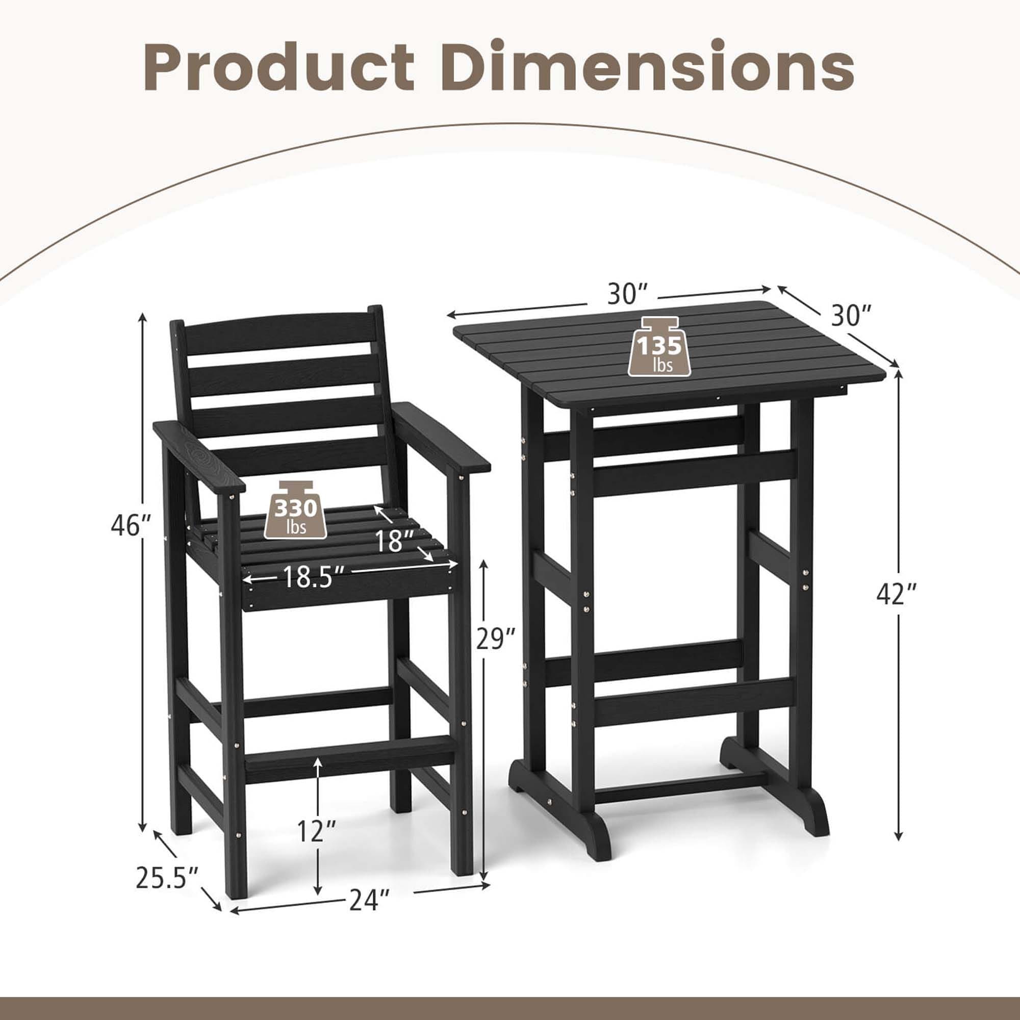 Ensemble de bar Costway 3 pièces en PEHD avec fauteuils et plateau haut carré - Voir les détails