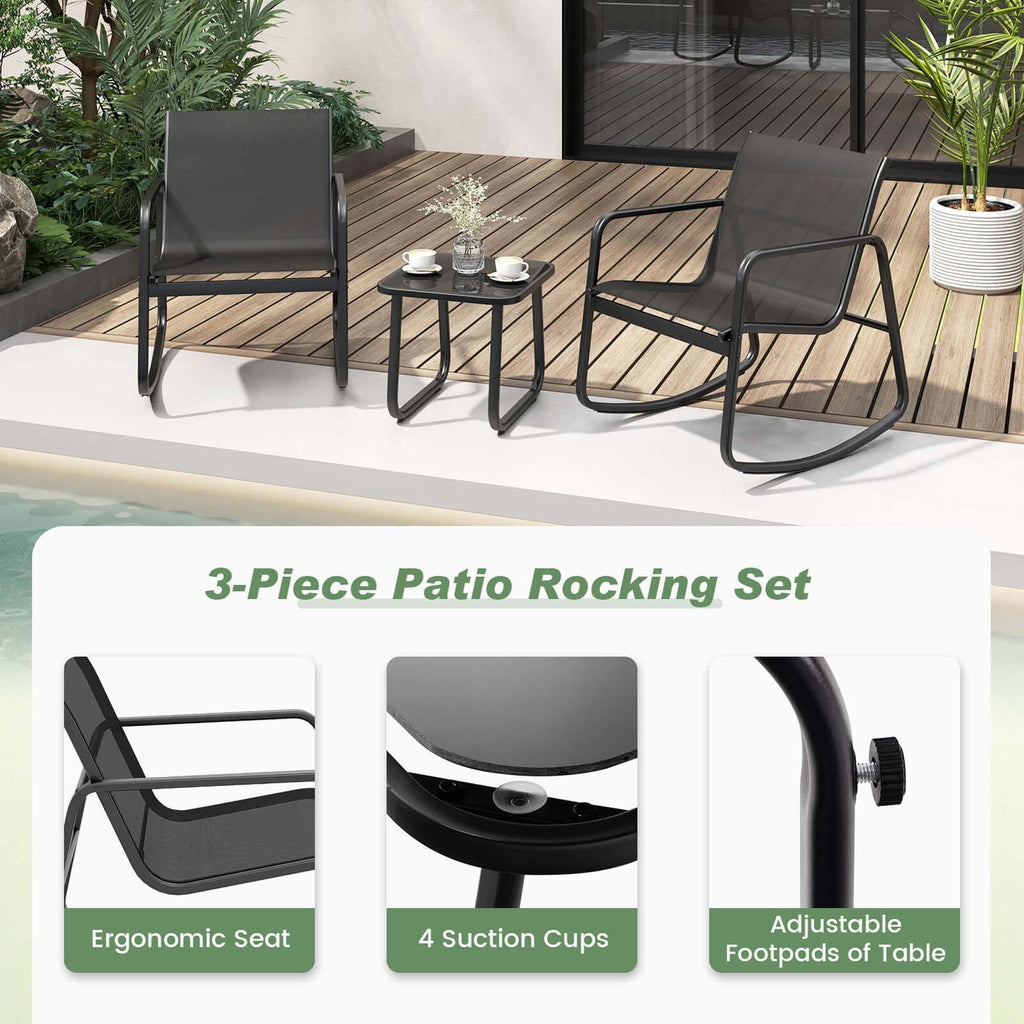 Ensemble de patio à bascule Costway 3 pièces avec 2 chaises bistro à bascule et plateau en verre - Voir les détails