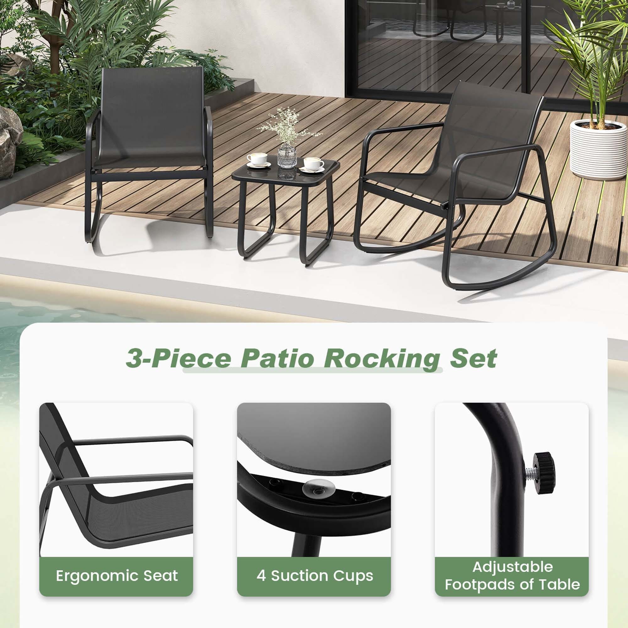 Ensemble de patio à bascule Costway 3 pièces avec 2 chaises bistro à bascule et plateau en verre - Voir les détails