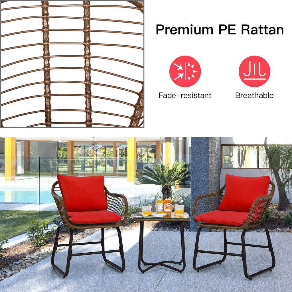 Ensemble bistrot Costway 3 pièces en rotin avec chaises rembourrées, table en verre et terrasse - Voir les détails