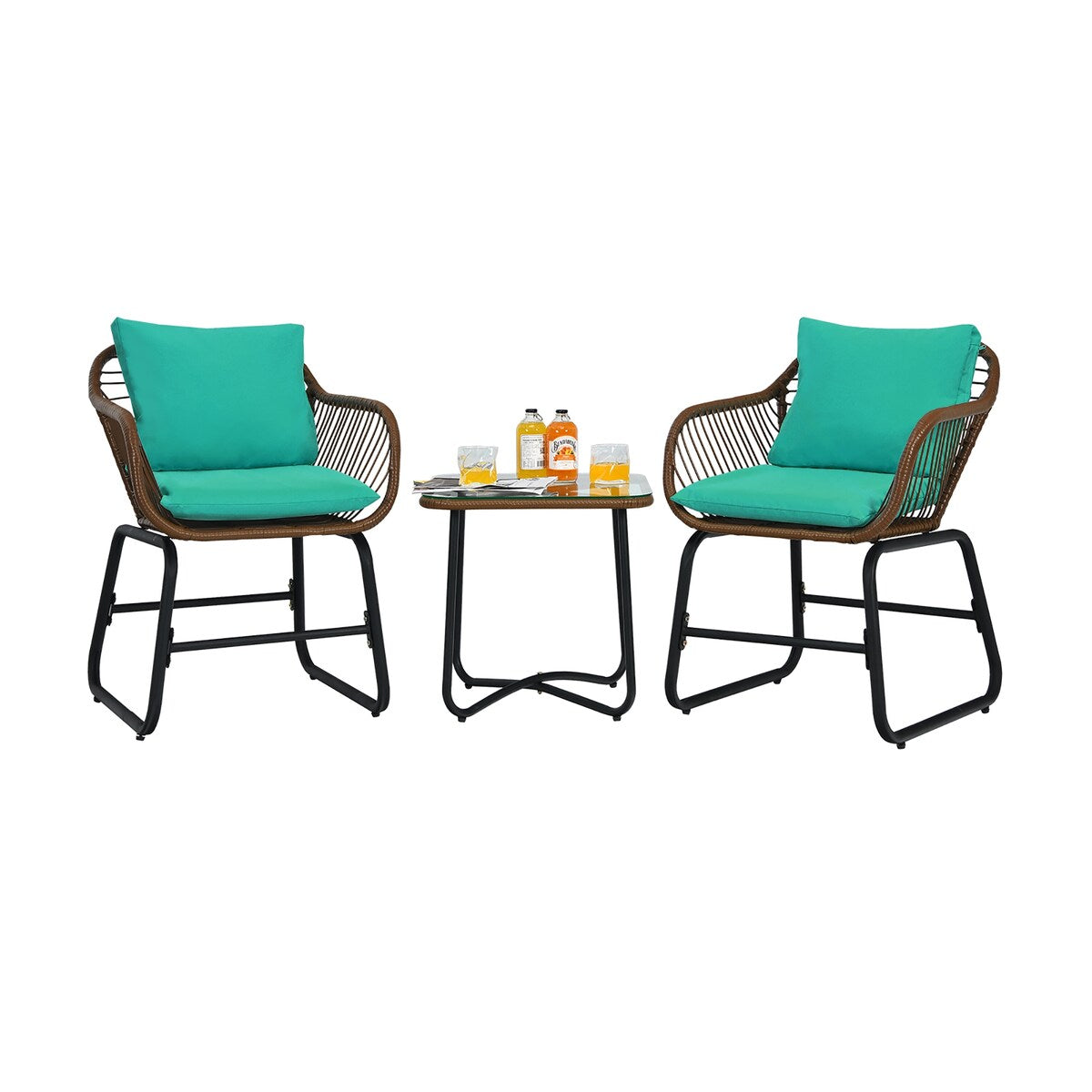 Ensemble bistrot Costway 3 pièces en rotin avec chaises rembourrées, table en verre et terrasse - Voir les détails