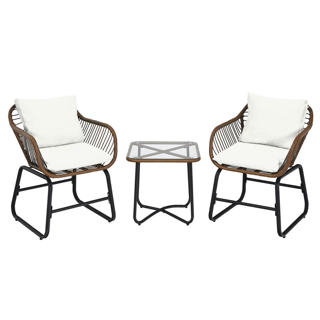 Ensemble bistrot Costway 3 pièces en rotin avec chaises rembourrées, table en verre et terrasse - Voir les détails