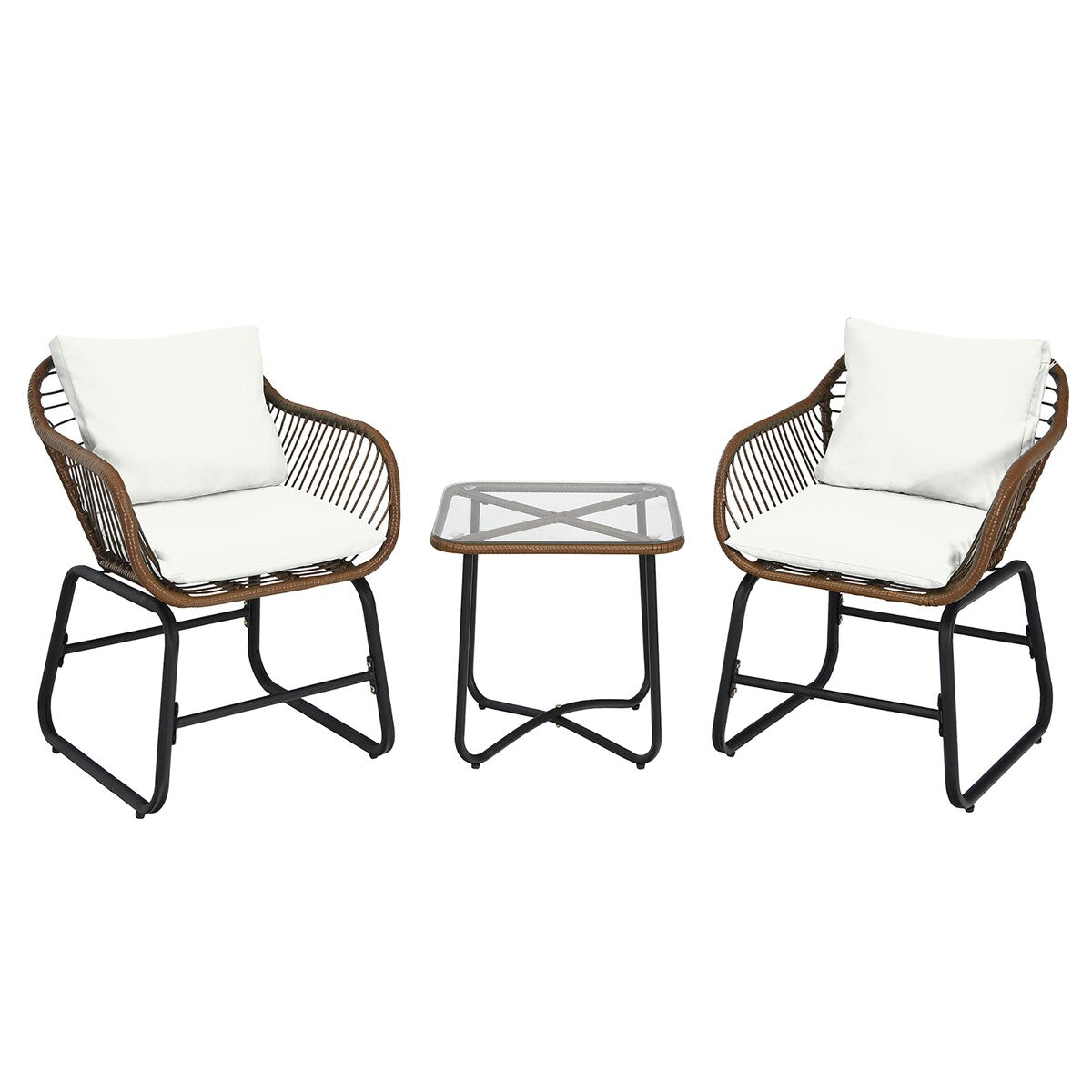 Ensemble bistrot Costway 3 pièces en rotin avec chaises rembourrées, table en verre et terrasse - Voir les détails