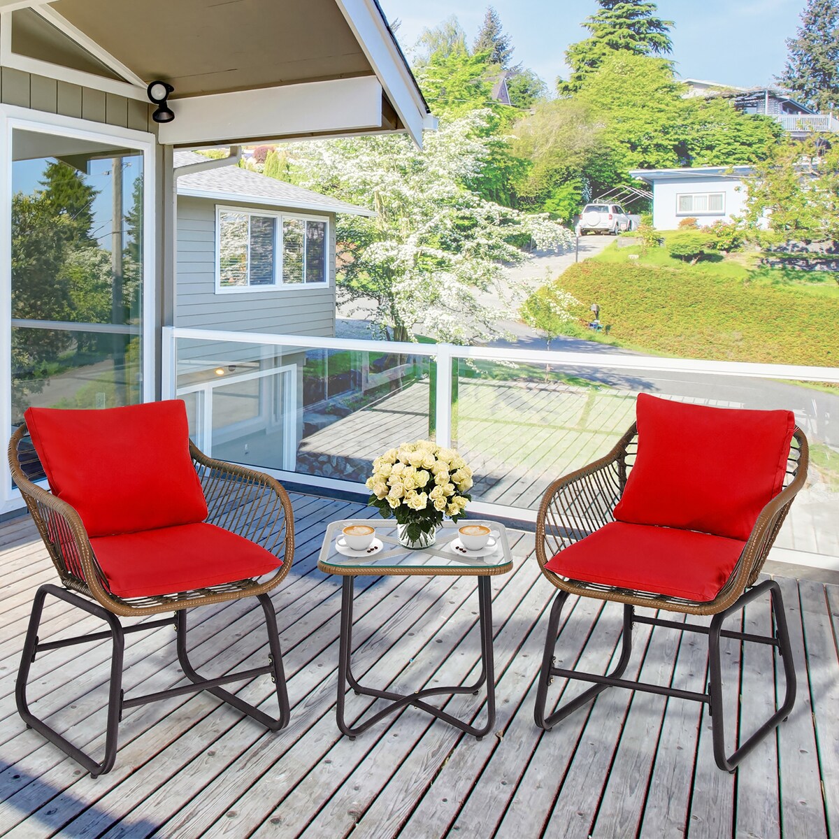 Ensemble bistrot Costway 3 pièces en rotin avec chaises rembourrées, table en verre et terrasse - Voir les détails