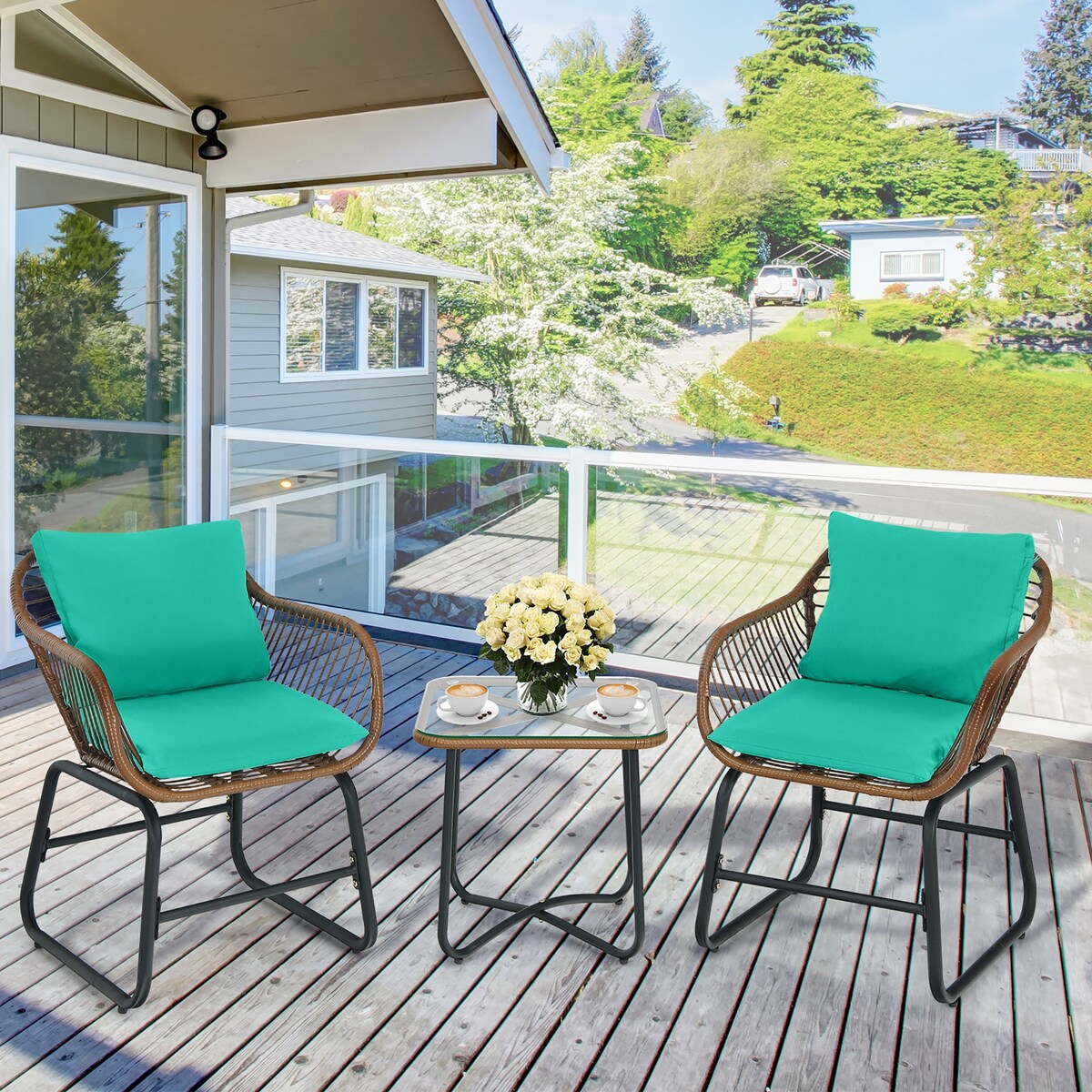 Ensemble bistrot Costway 3 pièces en rotin avec chaises rembourrées, table en verre et terrasse - Voir les détails
